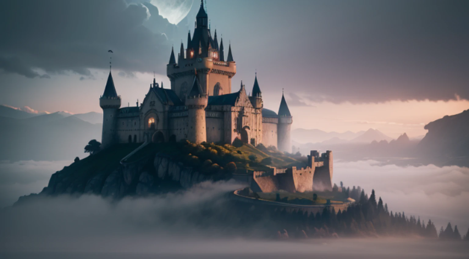 Assunto: Mysterious castle in fog attribution description: Create an artistic image of the castle, cercado por nevoeiro espesso, to convey an atmosphere of mystery and mystery. The padlock should be represented in the style of graphics using pencil, charcoal or carcasses. Requisitos de imagem: O bloqueio deve ser o objeto central, ocupando a maior parte da tela. A imagem deve transmitir uma variedade de texturas e detalhes do castelo: paredes de pedra, Torres, janela, Gates, etc..d. The fog should surround the castle and be depicted using graphic elements, to create an atmosphere of mystery. Tons e chiaroscuro devem ser bem desenhados, to give volume and depth to the image. You can add some fantastic elements, like the moon in the sky or magical lights, To add to the mystery of the scene.