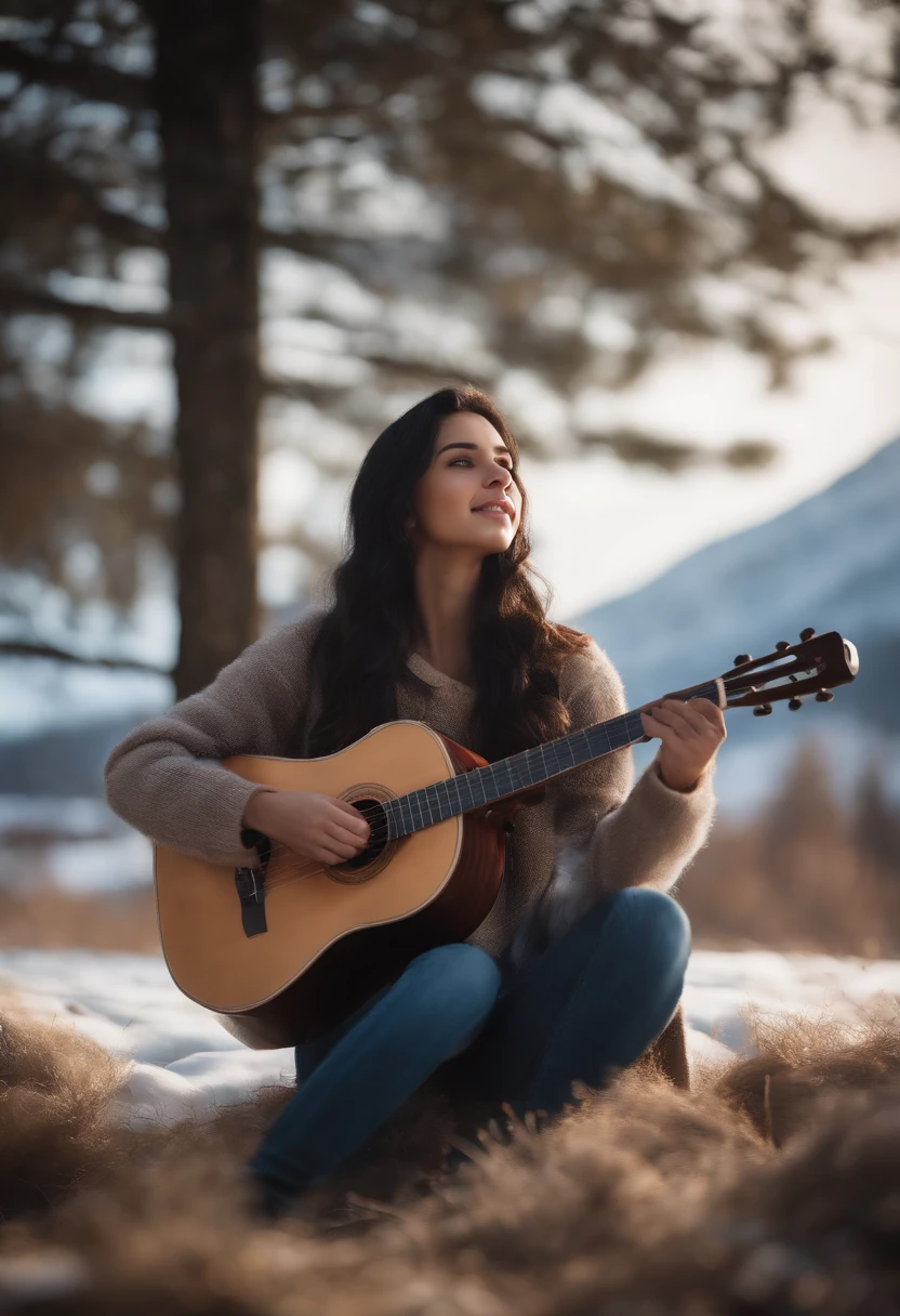 A girl in the morning, playing a solo on an instrument while looking at the viewer. The scene is set in winter, with a cowboy shot framing the girl. The girl has a smile on her face and black hair. The artwork should have the best quality, with a resolution of 4k or 8k, and be ultra-detailed, realistic, and photorealistic. The art style should be a portrait, showcasing the girl's features and emotions. The color tone should be warm and cozy, with soft lighting emphasizing the mood.