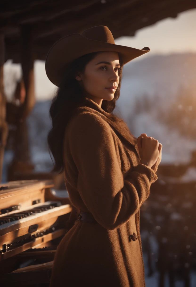 A girl in the morning, playing a solo on an instrument while looking at the viewer. The scene is set in winter, with a cowboy shot framing the girl. The girl has a smile on her face and black hair. The artwork should have the best quality, with a resolution of 4k or 8k, and be ultra-detailed, realistic, and photorealistic. The art style should be a portrait, showcasing the girl's features and emotions. The color tone should be warm and cozy, with soft lighting emphasizing the mood.