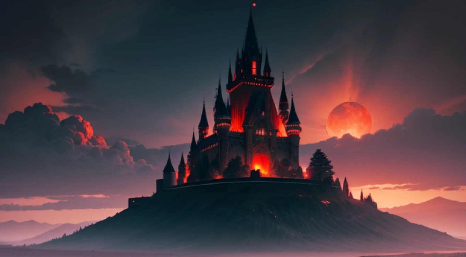 a shadowy castle a black castle of darkness on a volcanic mountain black sky black clouds and red moon constrate striking image harmonic beauty medieval art rpg illustration