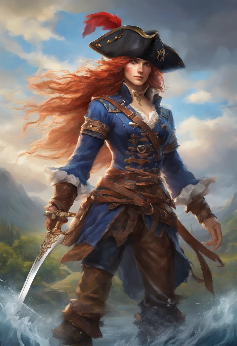 (best quality,4k,8k,high,masterpiece:1.2),ultra-detailed,(realistic,photorealistic,photorealistic:1.37),portrait,blue-haired pirate woman in leather armor,holding a medieval pistol and sword , role-playing style, illustration, prominent detailed eyes, long flowing blue hair, fierce expression, detailed lips, tall pirate hat, intricate leather armor, detailed metallic buckles and clasps, worn patches on armor, sturdy leather boots, ancient pirate pistol with engraved details, Sword decorated with runes, magical aura around the weapons, dramatic lighting casting shadows on the face, Epic background with a stormy sky and rippling waves, raindrops falling on the armor and hair, intense and vibrant colors, pose dynamic action, determined look in their eyes.