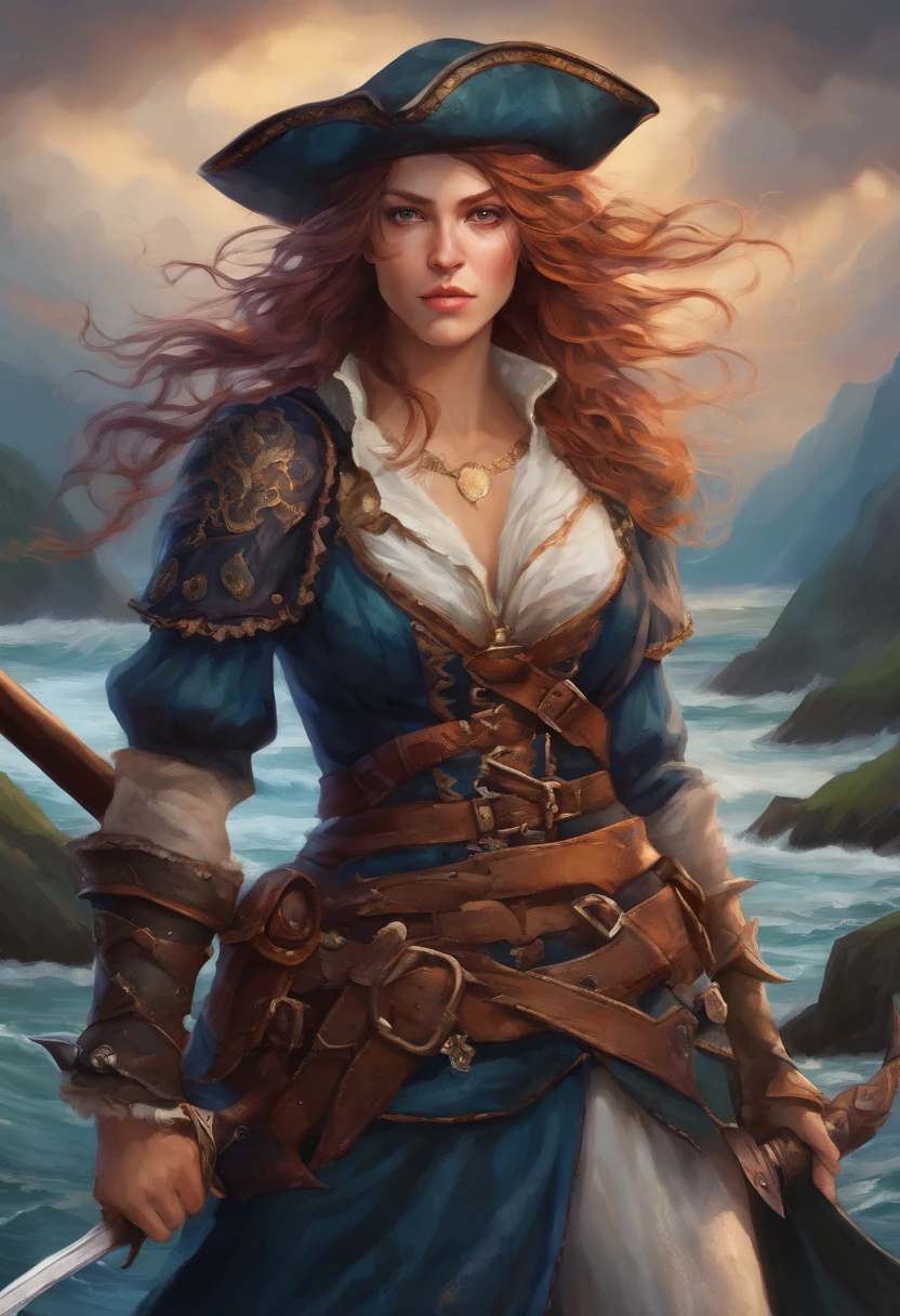 (best quality,4k,8k,high,masterpiece:1.2),ultra-detailed,(realistic,photorealistic,photorealistic:1.37),portrait,blue-haired pirate woman in leather armor,holding a medieval pistol and sword , role-playing style, illustration, prominent detailed eyes, long flowing blue hair, fierce expression, detailed lips, tall pirate hat, intricate leather armor, detailed metallic buckles and clasps, worn patches on armor, sturdy leather boots, ancient pirate pistol with engraved details, Sword decorated with runes, magical aura around the weapons, dramatic lighting casting shadows on the face, Epic background with a stormy sky and rippling waves, raindrops falling on the armor and hair, intense and vibrant colors, pose dynamic action, determined look in their eyes.