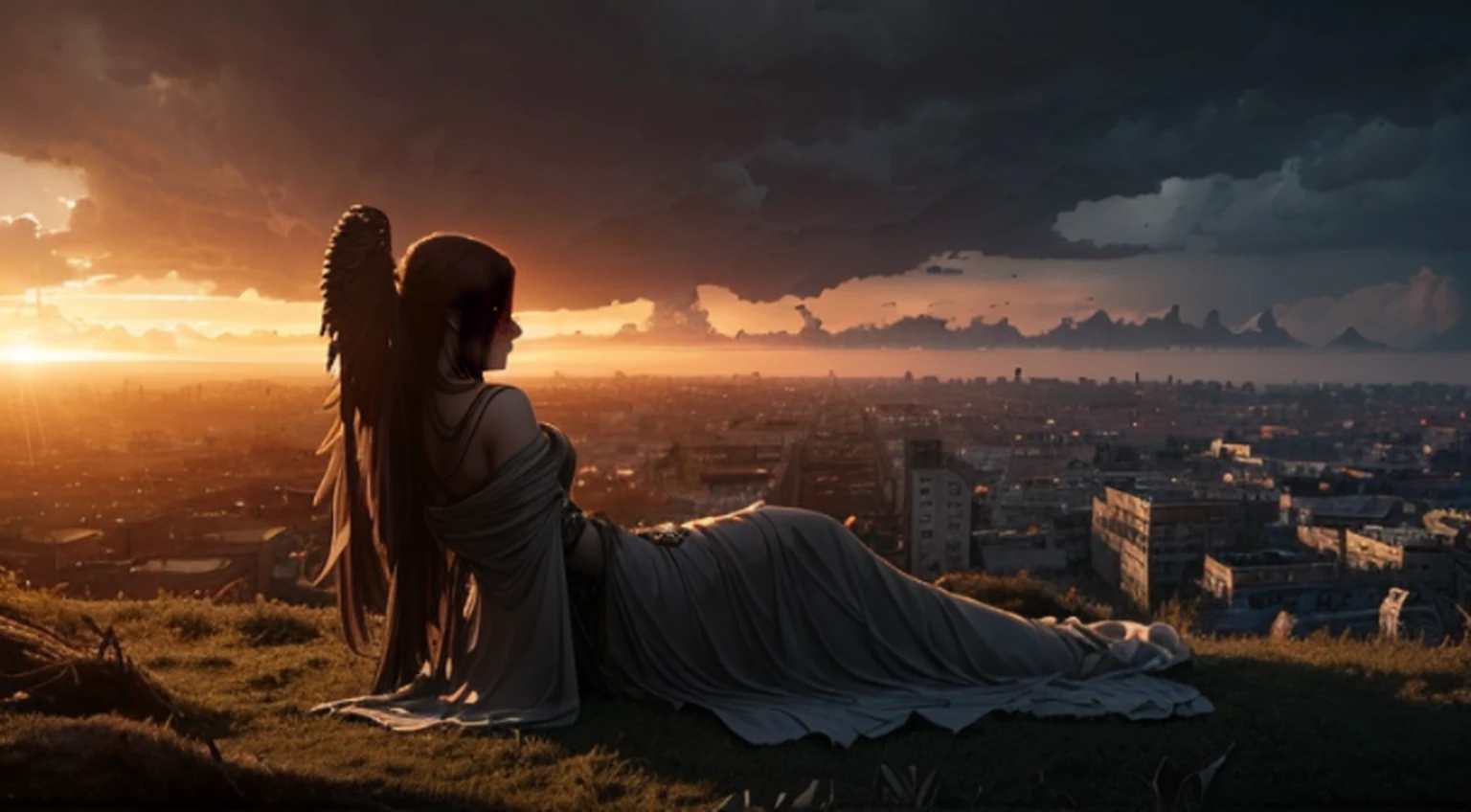 Create an image in a dark, gothic art style depicting a fallen, Malevolent angelic goddess with magnificent wings, lying defeated on the ground in the middle of an apocalyptic city consumed by flames and ruins. The composition should focus on the goddess in the foreground, emphasizing his facial expression and wings, while incorporating a panoramic view that shows the devastated landscape of the city and a stormy sky with distant rays. Melhore a imagem com contrastes que destacam a natureza dual da deusa, and experiment with lighting effects to create a mysterious aura around you. Integrate subtle details of ruined buildings, reflexos de chamas em seus olhos e asas, Swirling smoke, and distant silhouettes of mythical creatures on the horizon. The resolution should be 3000x2000 pixels with a dark color palette, tons dessaturados com detalhes em vermelho e laranja intensos. Use a mix of textured and soft brushes for intricate detail and atmospheric effects. Opt for a slightly low camera angle to emphasize the greatness of the fallen goddess, e empregar soft, diffuse lighting from the side to create shadows and highlights. Simulate a wide-angle lens for a panoramic effect, and consider applying a light grain filter to improve the sandy atmosphere. Avoid portraying any scene of hope, renewal, or heavenly intervention. Exclude any elements that imply restoration or assistance to the fallen goddess.