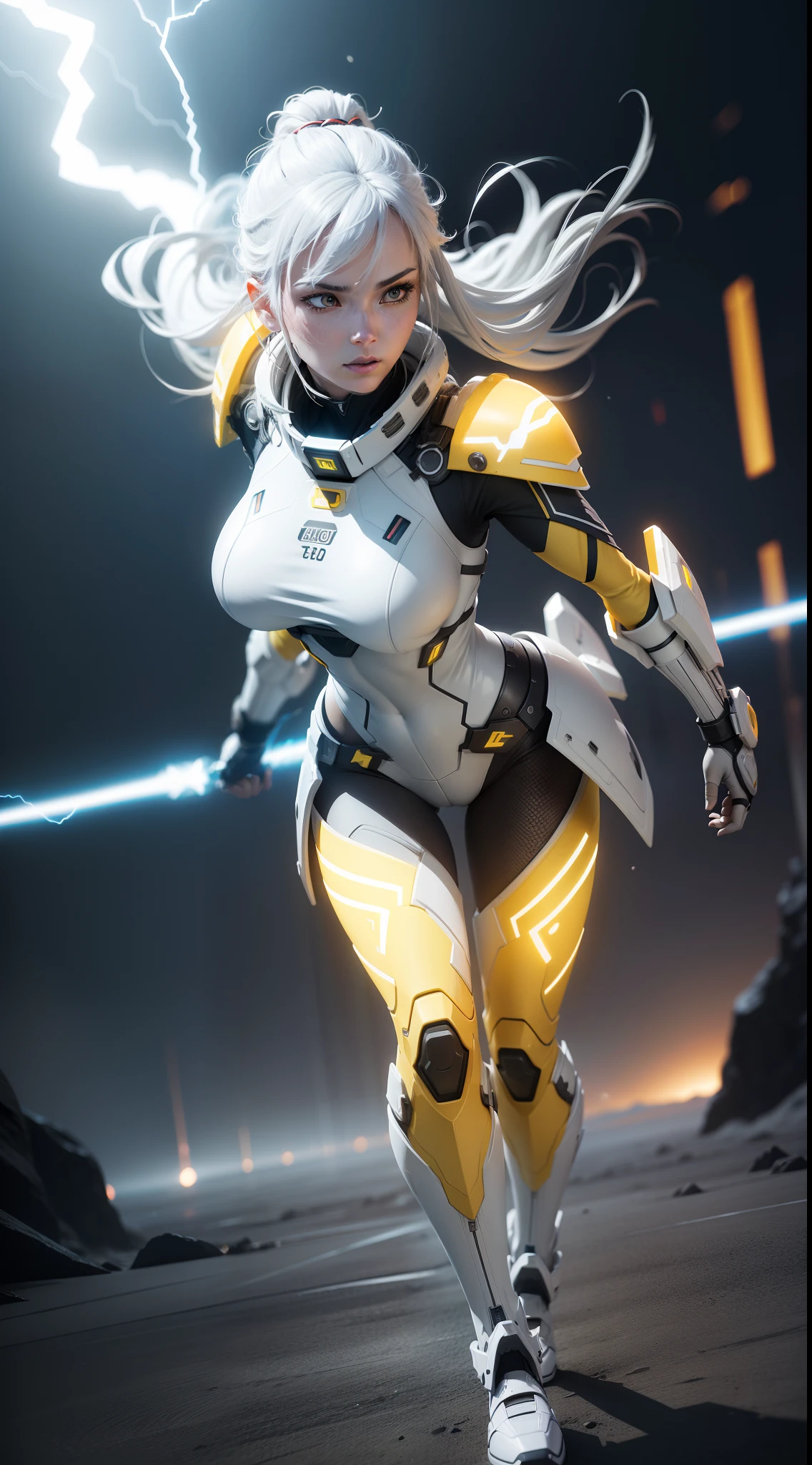 A futuristic warrior woman walks the strange white and yellow planet in the darkness of the universe,full bodyesbian， High definition, Studio photo lighting, Gray brightness detail, 。.。.3D, 4D, Realistic style, film effect, with lightning bolts, Energy atmosphere, Plasma details