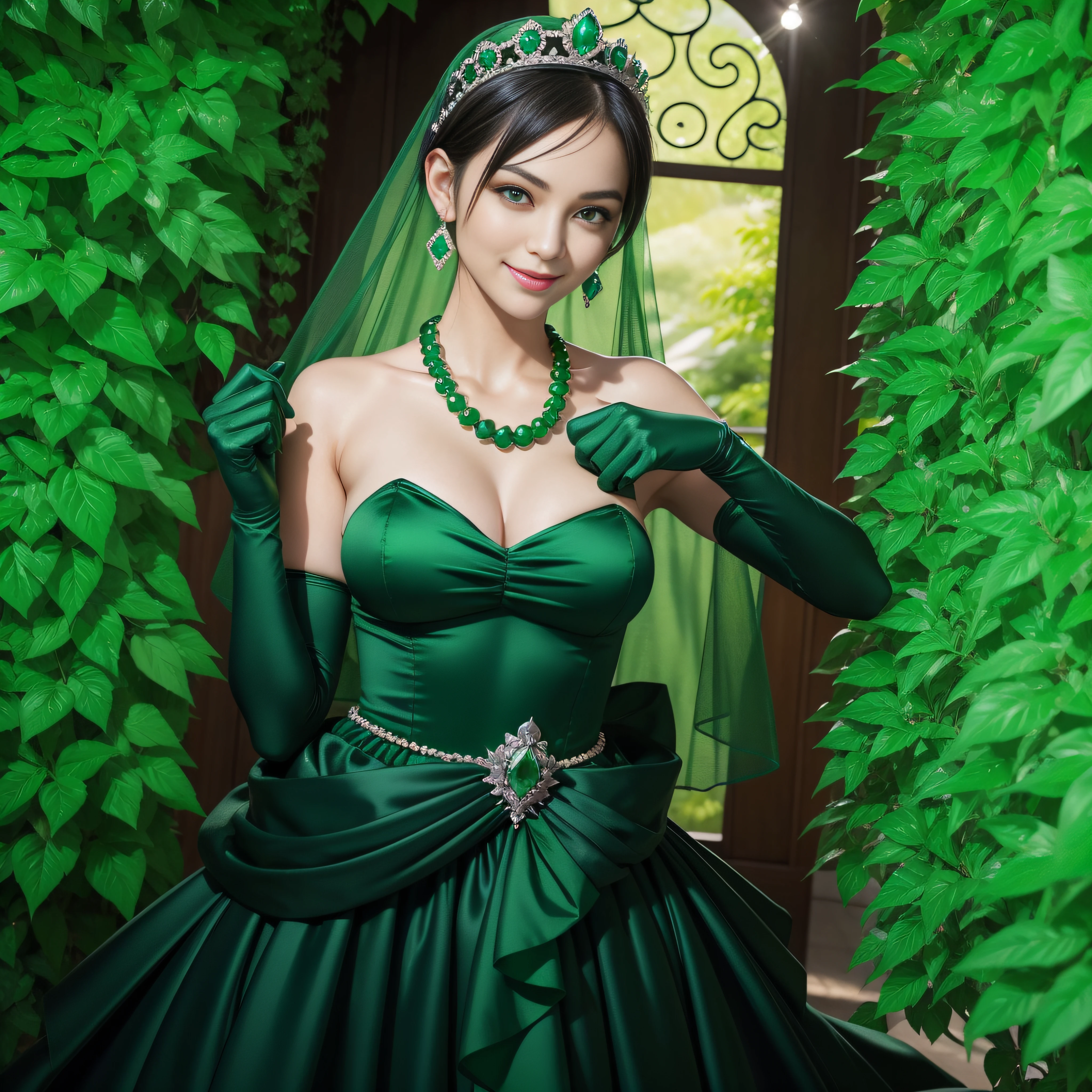 emerald tiara, Green Pearl Necklace, Boyish very short black hair, lipsticks, Japan woman smiling, very short short hair, fist, big breasts beautiful, Green eyes, Long green gloves made of satin material, Green eyes, Emerald Earrings