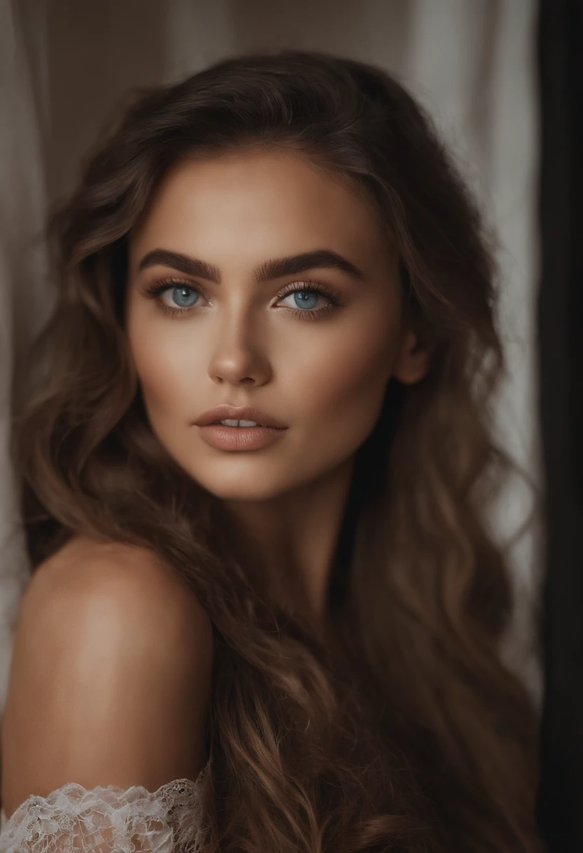 Arafed woman completely , fille sexy aux yeux bleus, ultra realist, Meticulously detailed, Portrait Sophie Mudd, cheveux blonds et grands yeux, selfie of a young woman, Yeux de chambre, Violet Myers, sans maquillage, maquillage naturel, looking straight at camera, Visage avec Artgram, Maquillage subtil, Great photo of the whole body kneeling on a couch, dans le salon, Medium to large bust