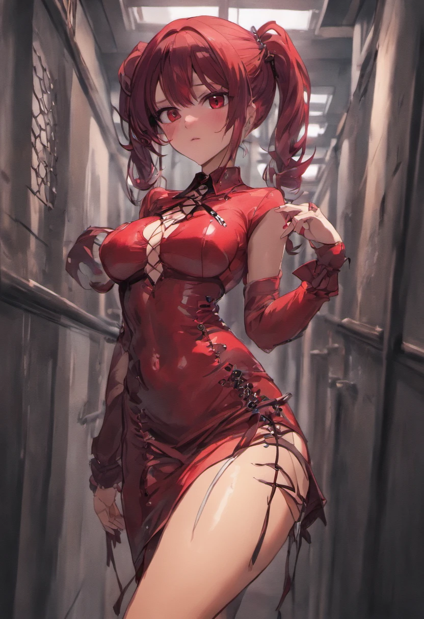 (16ｋ,Raw photography,top-quality,hight resolution,Ray tracing,PBR Texture,Post-processing,)、(((biomechanical oppai,Dark Red Leather Bondage , Models of gravure,Friend Inamura,Long Black Hair)))、(finerly detailed face:1.4)、(​masterpiece:1.4)、(top-quality:1.4)、 Beautiful fine skin、(cute little:1.5),(Complex fishnet stockings)、pin heels、Leather luster 3.0、Beautiful skin、(Red Long Skirt Bondage)、Real Photo Stick、BDSM figures in dark red、Dark Red Bodycon、s Office