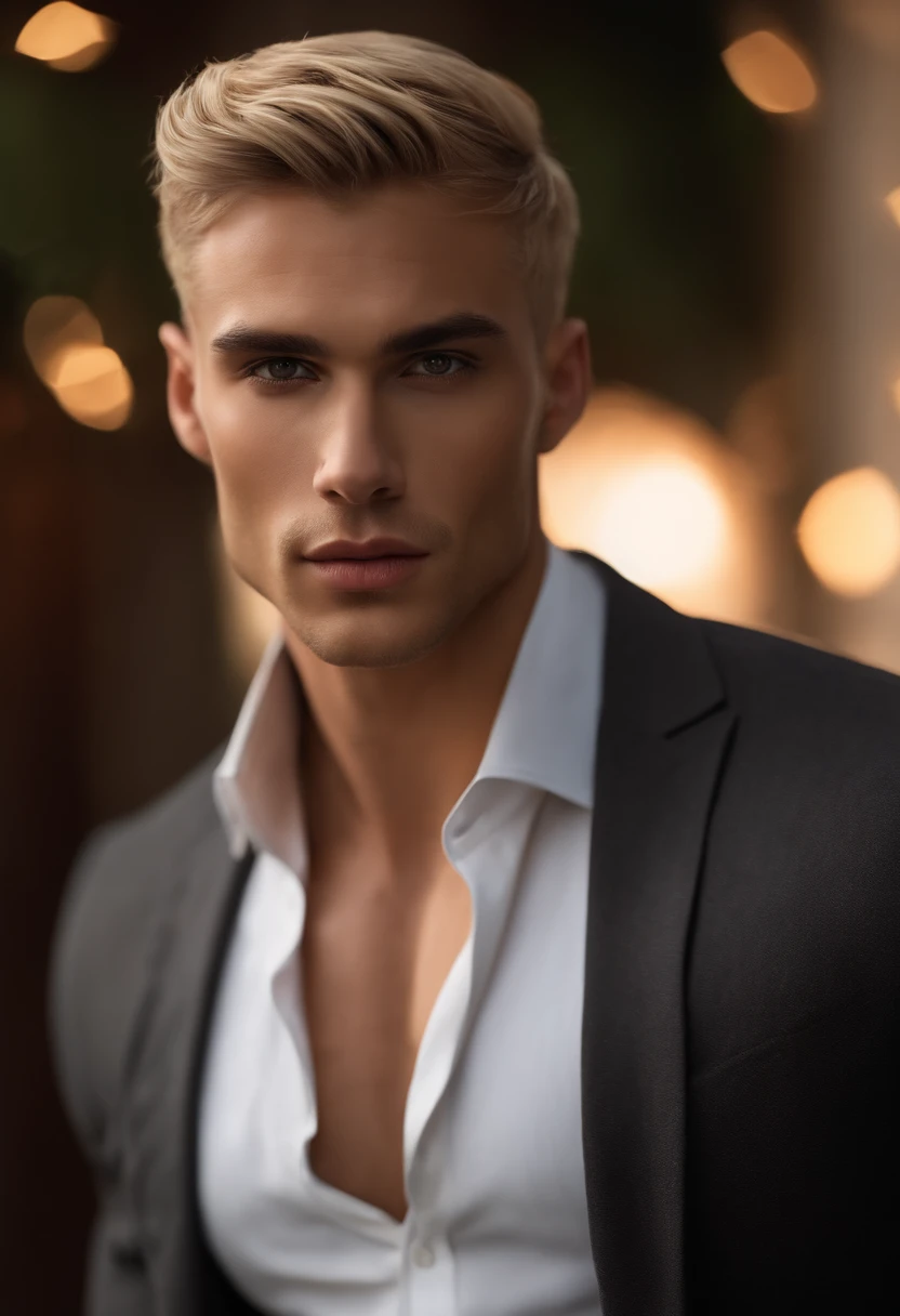 photography, male perfection, strong jawline, full lips, Roman nose, short blonde hair, hazel eyes, hyper realistic, 8k --v 4, with a dark smoky background