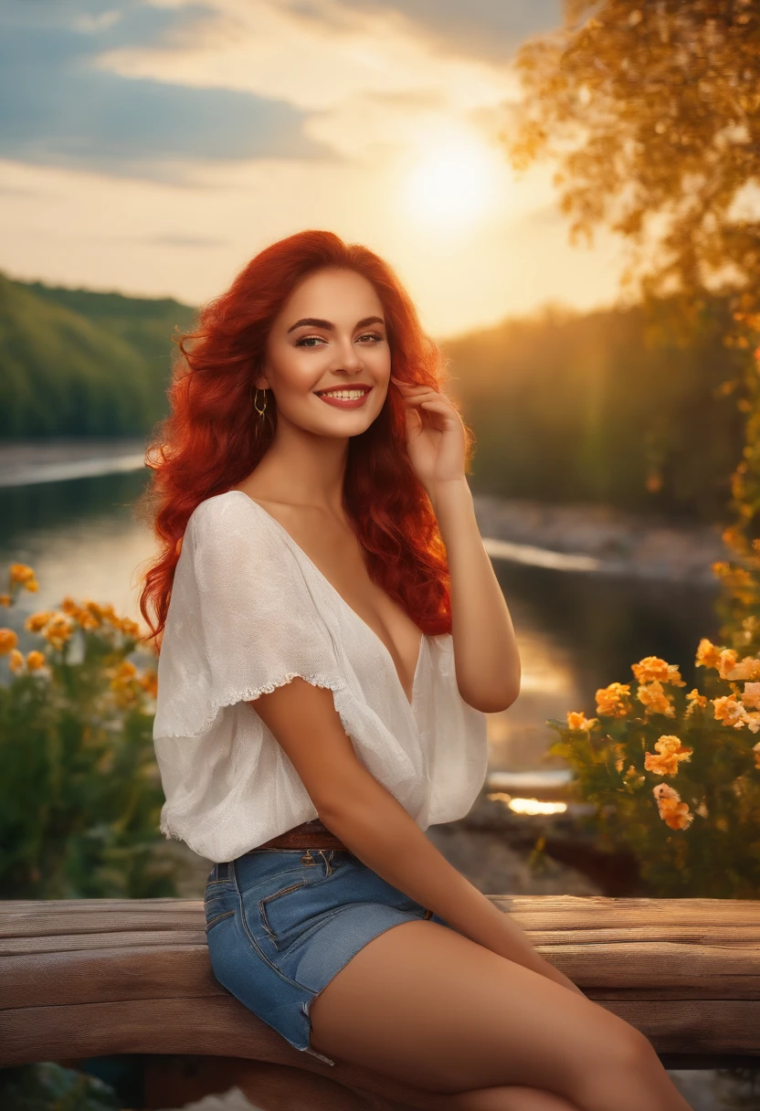 digital art, (fille, rouge_cheveux, fleur, Jeans baggy, chemise blanche, sourire discret, look mignon), (assis sur un banc, River in the background, golden hour),, par Daniil Suponitskiy jpegman