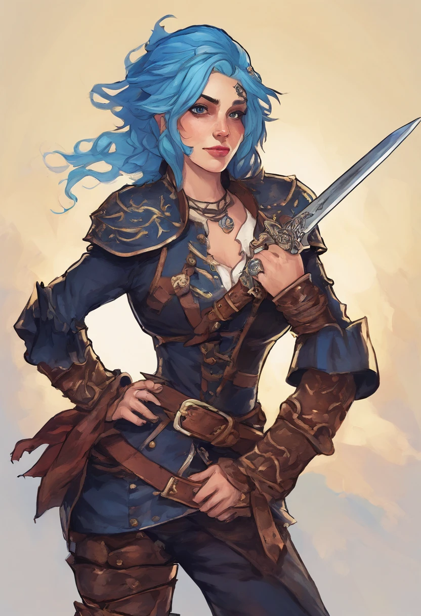 Epic portrait of blue-haired pirate woman in leather armor with medieval pistol and sword in hand, RPG style, illustration