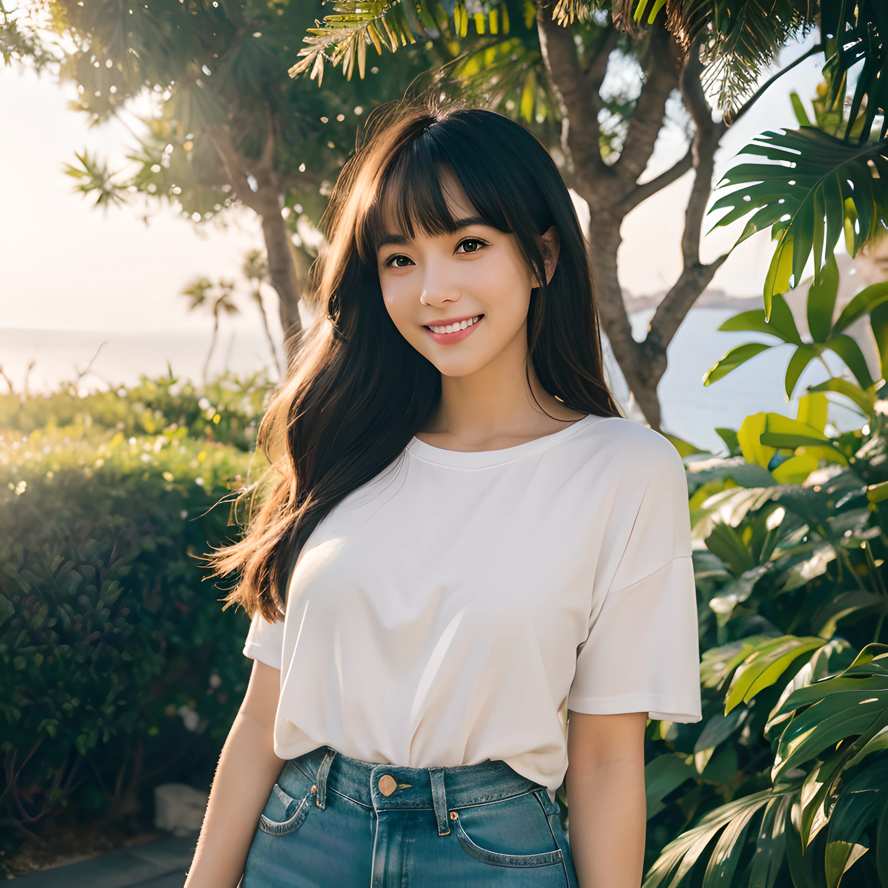 stands tall, athletic figure, long dark hair flows down over her shoulders, deep green eyes sparkle beneath bangs, dresses casually and comfortably, jeans and T-shirtsม extreme detailed beautiful eyes, beautiful clean hand nails, extreme detailed sexy eyes, wide smiling, smiley eyes, extremely joyful face expression, realistic perfect detail complexion texture, flossy skin complexion, sunset, golden hour, soft natural volumetric lighting tree branch, detailly environment, realistic complicated details Santorini Sea full decorate background, explicit details, explicit details background, dynamic ultra-wide view, multi-colors, Polaroid photo-realistic, great visual composition, best quality, extremely detailed, hyper detailed, extremely high resolution, extremely high res, high resolution, highres, RAW Photo, 50mm lens, F1.2, sharp focus, DOF,