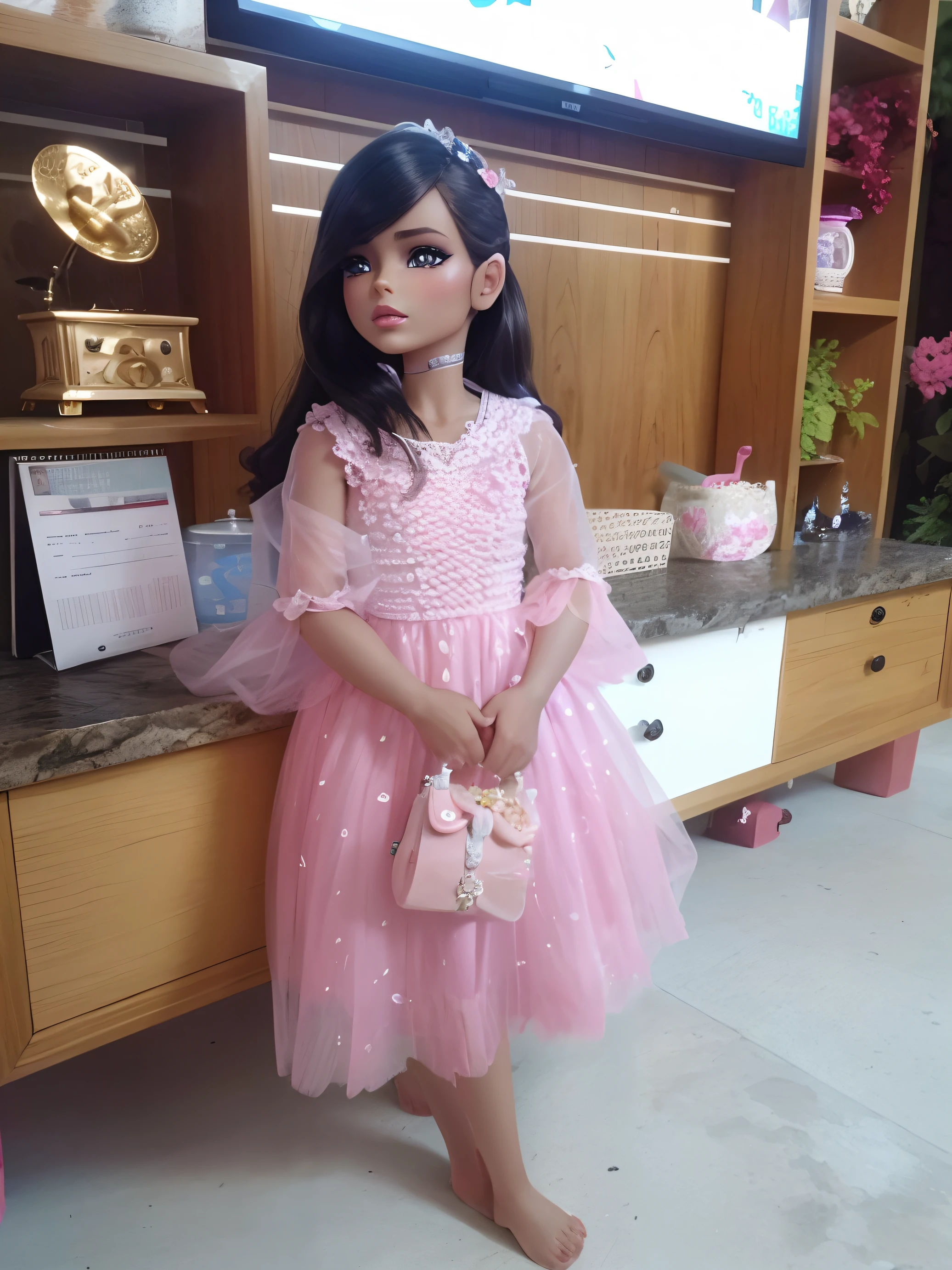 Fashion photography of children, pink dress, strong sense of design, medium shot, 8-year-old girl, Chinese little girl, long hair, hair accessories, delicate skin, cute and lively, cartoon background, high texture, backlight, professional studio lighting
