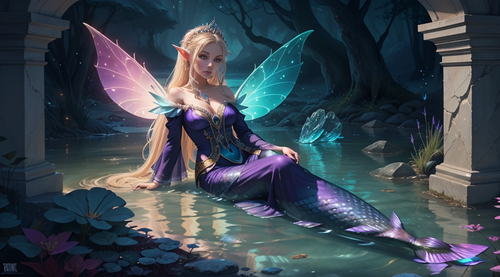 Blue and violet dream color system, sense of fate, best quality, master layout, lighting, mermaid, long fish tail, sea, stone clay, elf, holding mussel pearl, gauze sleeve, water fairy, close-up fantasy and water magic, ethereal fantasy, fairy tale aesthetics, astral fairy, beautiful and elegant elf queen, ethereal fairy tale, beautiful ancient frost witch, fantasy aesthetics! , fairy tale core, anime cosplay, ethereal beauty, fantasy art style, anime girl cosplay, ethereal fantasy, beautiful fairy