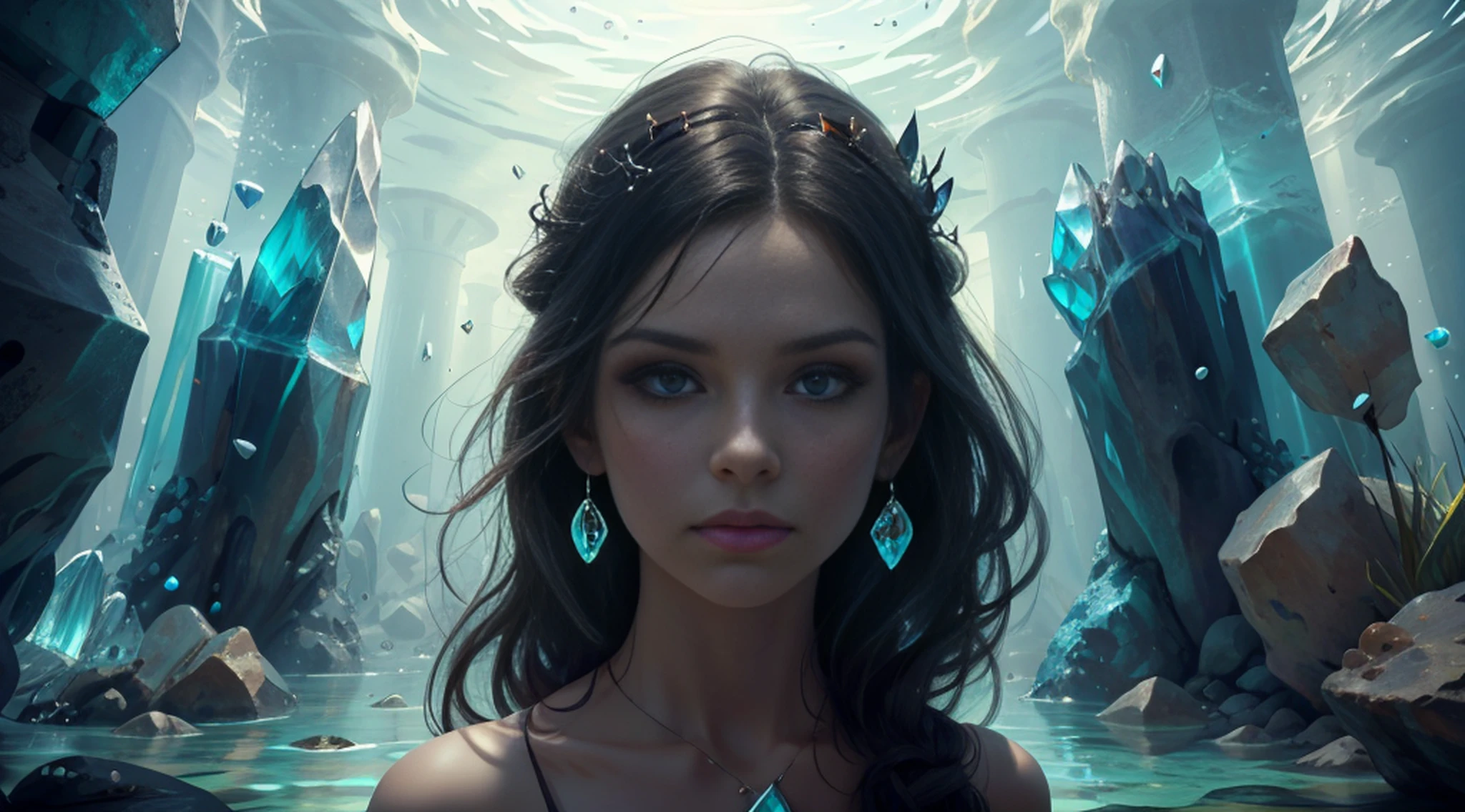 (absurdos, highres, ultra detalhados), 1mulher, matural female, envelhecido, cabelo longo ondulado, cabelo auburn, olhos de coral, franja, mangas compridas, olhos finamente detalhados e rosto detalhado, extremamente detalhado CG unidade 8k papel de parede, detalhes intrincados, (estilo-swirlmagic:1.0), olhando para o espectador, solo, parte superior do corpo, fundo detalhado, close-up, rosto detalhado, (gothic dark ages theme:1.1), feiticeiro de cristal, dinamic pose, earth themed clothes, coroa de cristal, flutuando no ar, Brilliant magical fragments, surrounded by blue magic crystals, rock formations, estalactites, magical floating particles, vidro de cristal, esfera de cristal, crystal canyon background, (shallow water: 0.7), epic ethereal atmosphere, correntes de ar, retrato