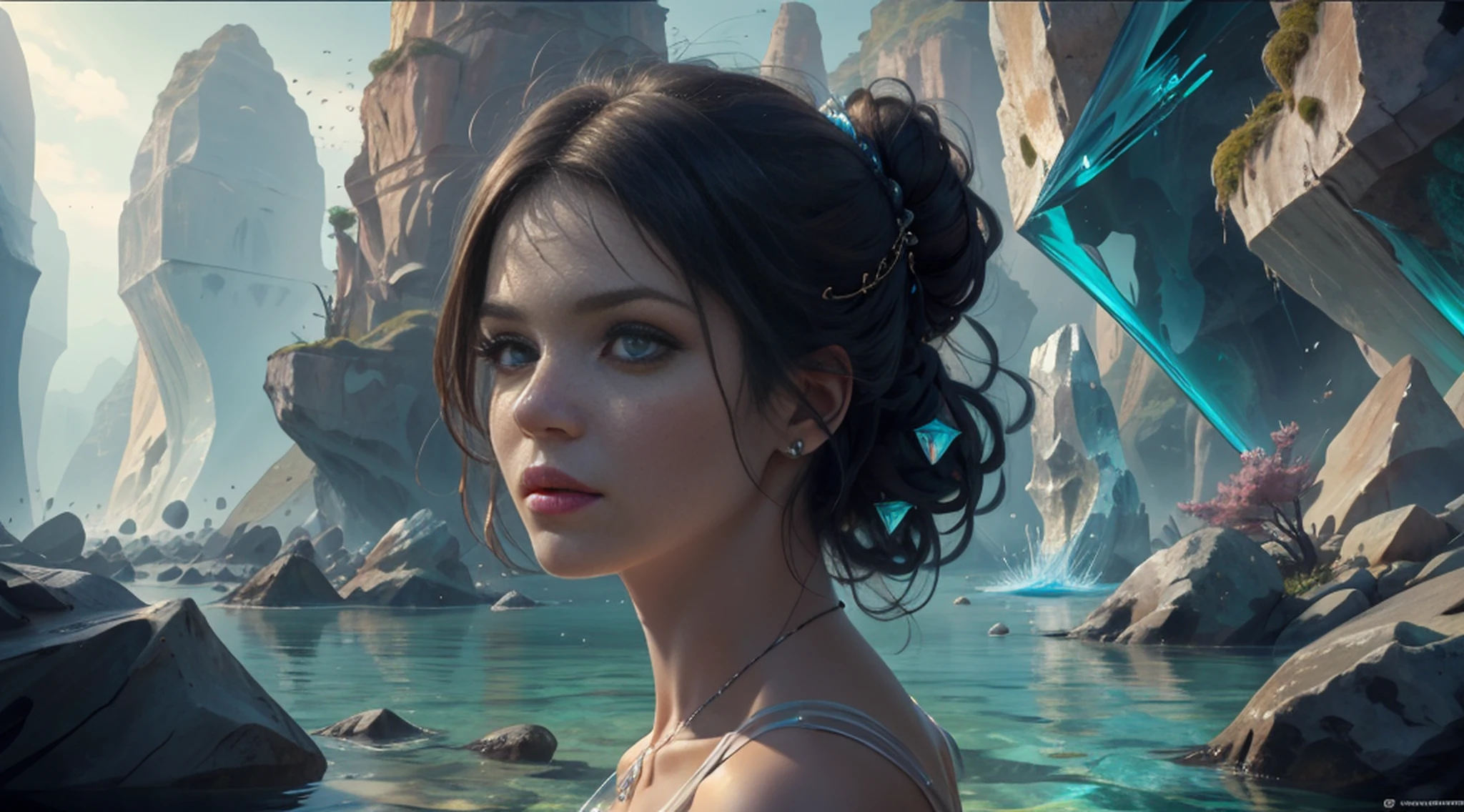 (absurdos, highres, ultra detalhados), 1mulher, matural female, envelhecido, cabelo longo ondulado, cabelo auburn, olhos de coral, franja, mangas compridas, olhos finamente detalhados e rosto detalhado, extremamente detalhado CG unidade 8k papel de parede, detalhes intrincados, (estilo-swirlmagic:1.0), olhando para o espectador, solo, parte superior do corpo, fundo detalhado, close-up, rosto detalhado, (gothic dark ages theme:1.1), feiticeiro de cristal, dinamic pose, earth themed clothes, coroa de cristal, flutuando no ar, Brilliant magical fragments, surrounded by blue magic crystals, rock formations, estalactites, magical floating particles, vidro de cristal, esfera de cristal, crystal canyon background, (shallow water: 0.7), epic ethereal atmosphere, correntes de ar, retrato