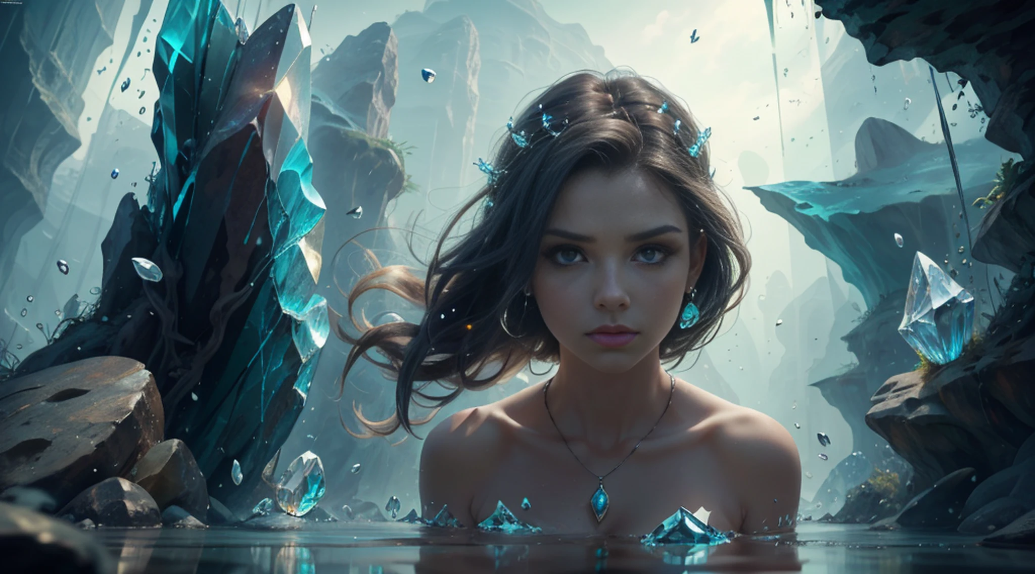 (absurdos, highres, ultra detalhados), 1mulher, matural female, envelhecido, cabelo longo ondulado, cabelo auburn, olhos de coral, franja, mangas compridas, olhos finamente detalhados e rosto detalhado, extremamente detalhado CG unidade 8k papel de parede, detalhes intrincados, (estilo-swirlmagic:1.0), olhando para o espectador, solo, parte superior do corpo, fundo detalhado, close-up, rosto detalhado, (gothic dark ages theme:1.1), feiticeiro de cristal, dinamic pose, earth themed clothes, coroa de cristal, flutuando no ar, Brilliant magical fragments, surrounded by blue magic crystals, rock formations, estalactites, magical floating particles, vidro de cristal, esfera de cristal, crystal canyon background, (shallow water: 0.7), epic ethereal atmosphere, correntes de ar, retrato