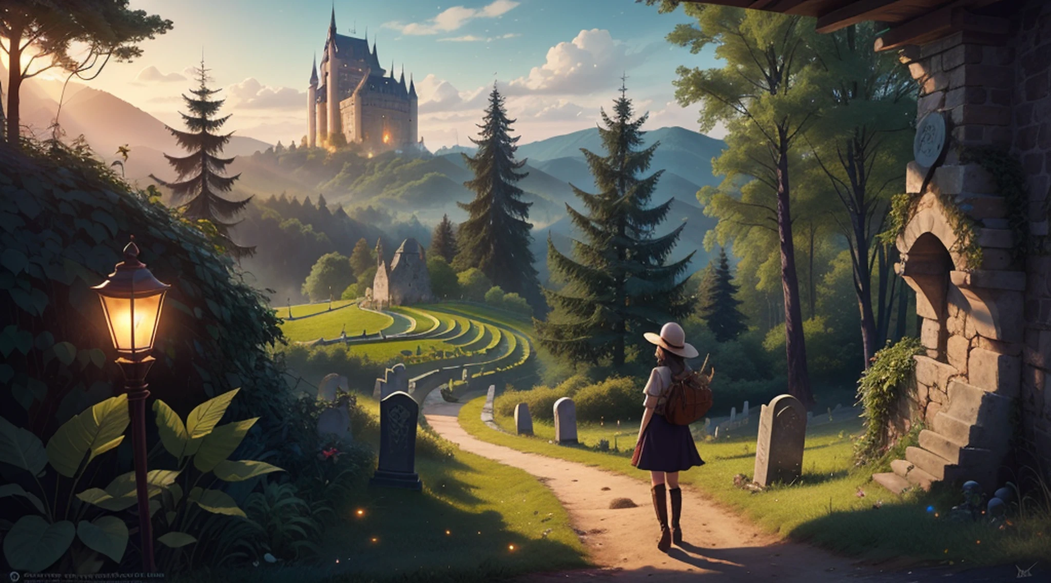 ((1girl,sozinho))absurdos, Altas, ultra detalhado, (1girl:1.3), (rabo-de-cavalo), olhos castanhos, (tiro completo:1.4) Assistant with a team Cute little animals Giant trees and forest caves Vineyards and tombstones Fairies and twinkling lights A winding path and an ancient castle Clear day