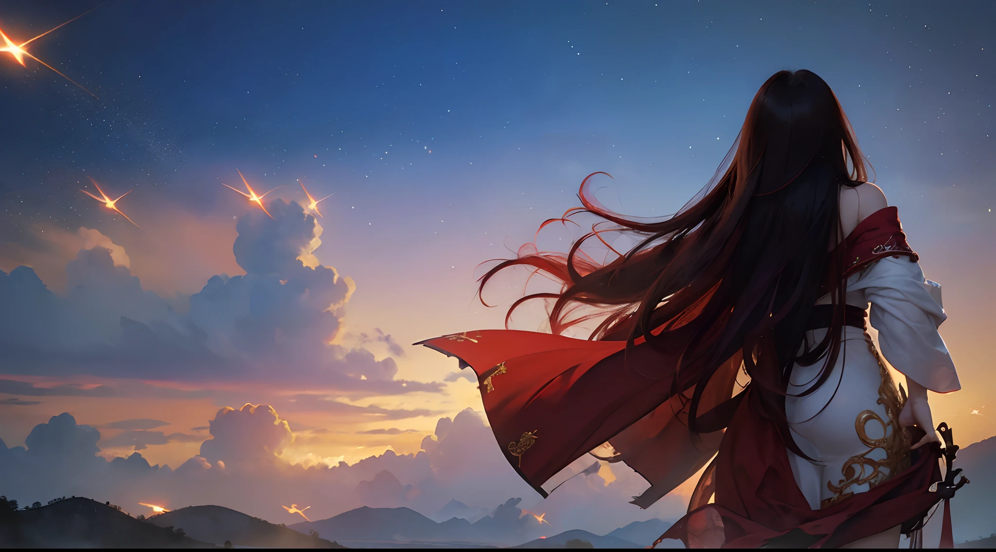 ((Best Quality,4K,High resolution), 18yo woman, Red highlights on black hair, Long straight hair with red highlights on black hair,(Best Quality,4K,High resolution),sharp eye,Red glowing eyes,Facial expression enhancement,Delicate illustrations drawn in detail,Intricately decorated red sleeveless long、robe,long hair flowing with the wind,robes flutter in the wind,Realistic portrayal,Vibrant colors,expresive,Classic background(Best Quality,4K,High resolution), Comical appearance,(Best Quality,4K,High resolution),comic strip,animesque,Deformed cute illustration,Full body projection,Floating in the air,Show your back,Camera angle from behind,Back Style