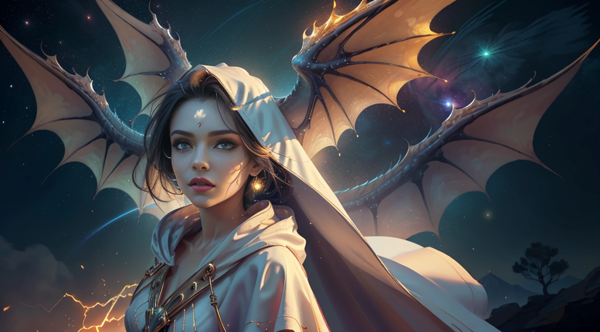 (masterpiece, top quality, best quality, official art, beautiful and aesthetic:1.2), (1girl), extreme detailed eyes, (fractal art:1.3), colorful, highest detailed, (perfect face), shiny skin, HDR, (white cloak golden lines:1.2), galaxy, (light streaks), striking visuals, (dynamic streaks, luminous trails:1.2), vibrant colors, (phoenix), (dragon)