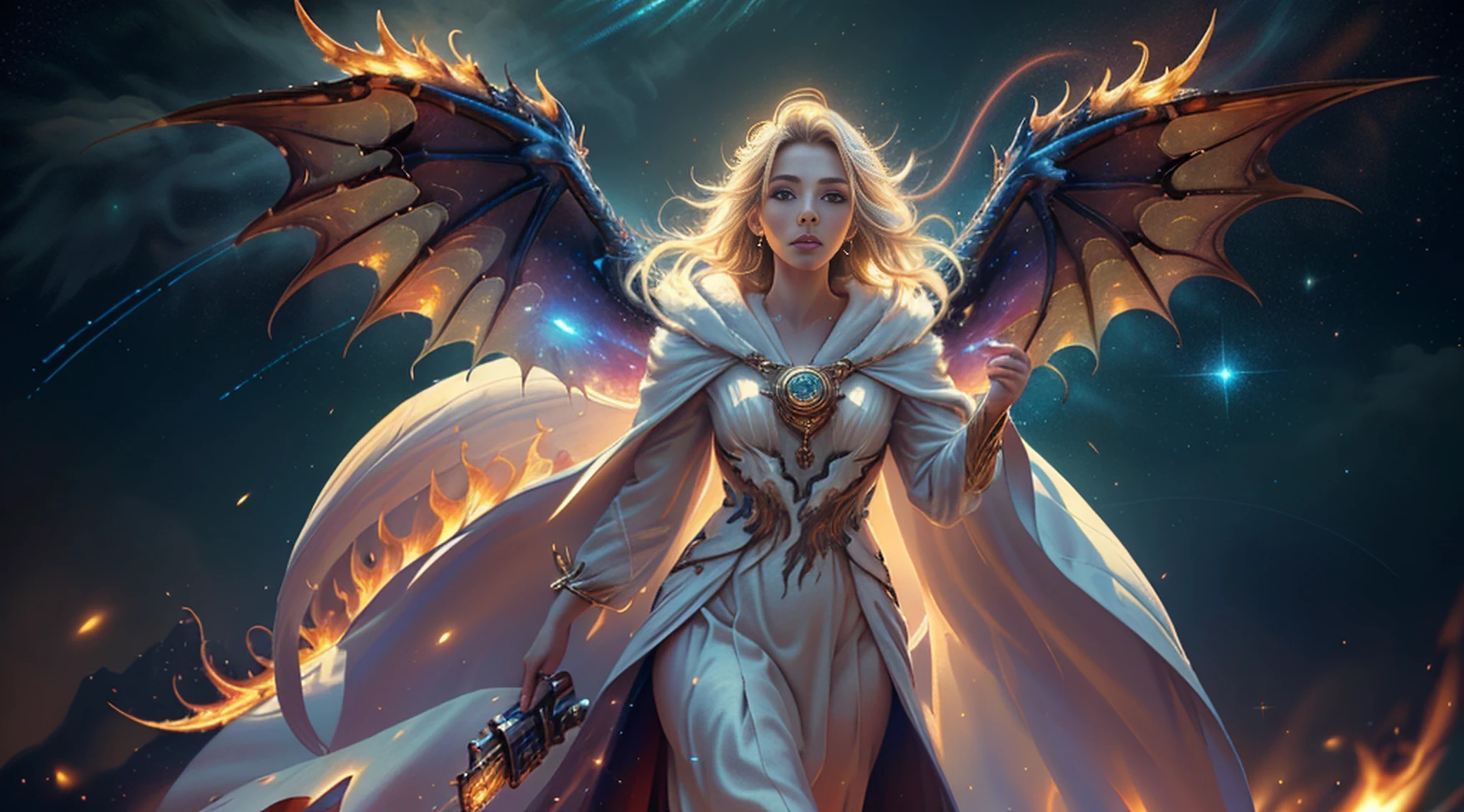(masterpiece, top quality, best quality, official art, beautiful and aesthetic:1.2), (1girl), extreme detailed eyes, (fractal art:1.3), colorful, highest detailed, (perfect face), shiny skin, HDR, (white cloak golden lines:1.2), galaxy, (light streaks), striking visuals, (dynamic streaks, luminous trails:1.2), vibrant colors, (phoenix), (dragon)