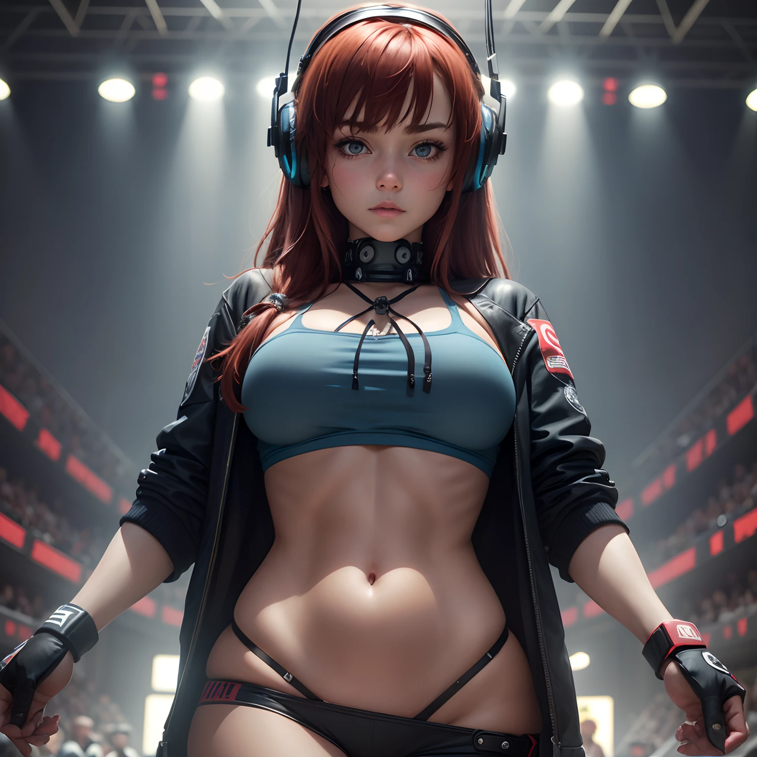 8k, masterpiece, best quality, realistic, higly detailed, cowboy shot, 1girl, solo, miku, emotionless looking girl, medium-length red hair, strands of hair hanging over the right side of her face, a set of wireless headphones that have a triangle-shaped logo on the ear cups around her neck, dark blue eyes, average height, well-endowed figure, large breasts, bangs cover her right eye, UFC Fighter