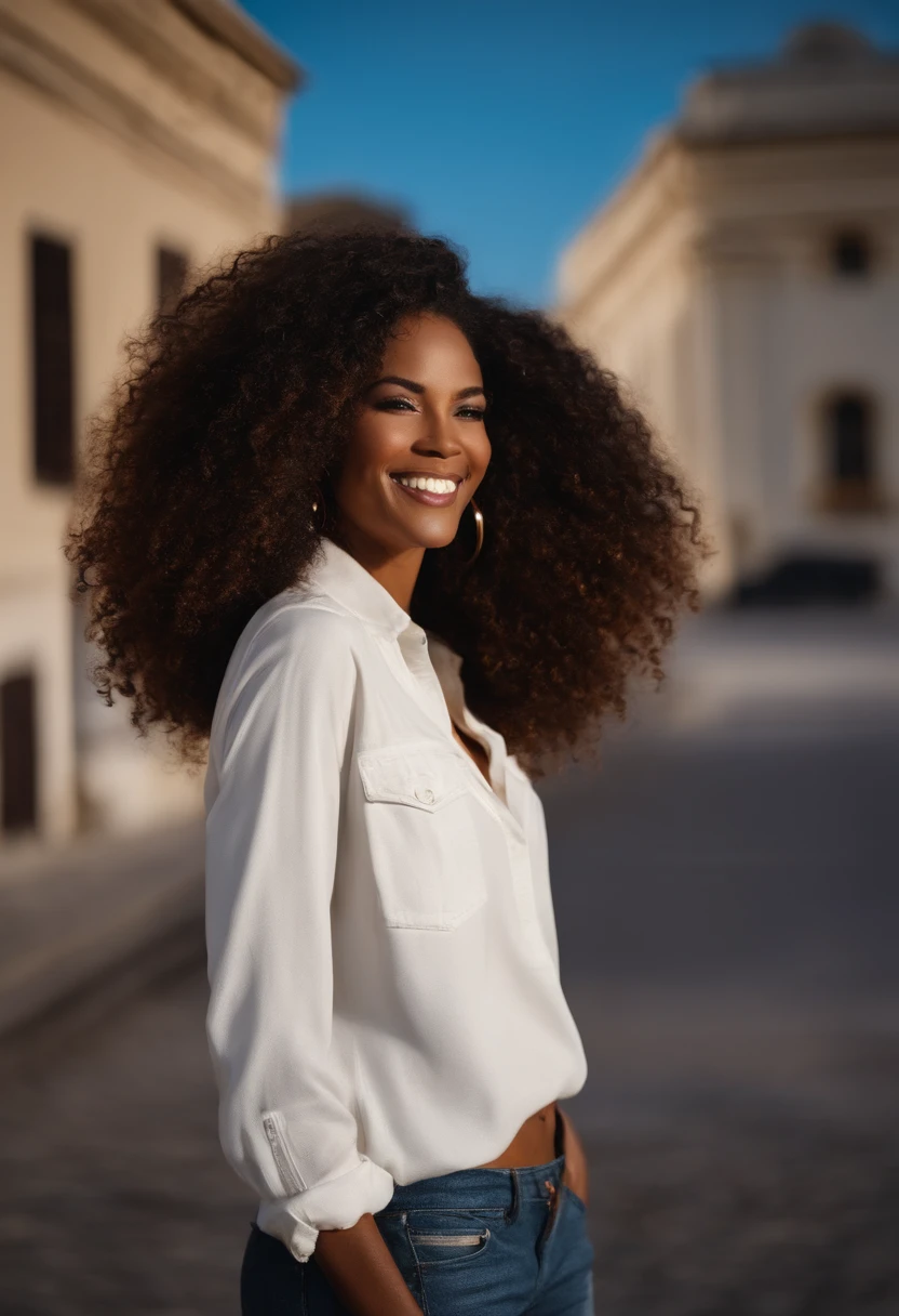 African American, frizzy hair, pull over size blanc, pantalon jeans blanc, sourire sexy, regard sexy