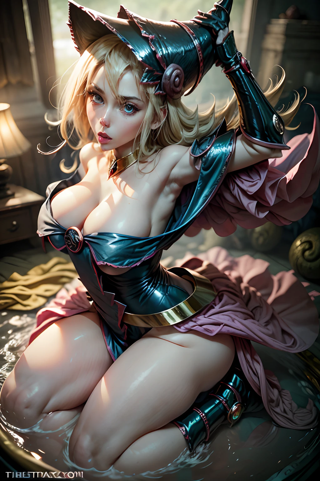 (obra maestra:1.2), (La mejor calidad:1.2), Perfect lighting, Chica Maga Oscura lanzando un hechizo, en batalla, Fight a red-skinned dragon.In his twenties, flotando en el aire, tetas medianas visibles, escote transparente, blue robe, sombrero grande, desde arriba, Destellos, Yugioh juego, The magic of the heart. LIGHTS OF THE HEART, Romantic heart. Dragon Battle