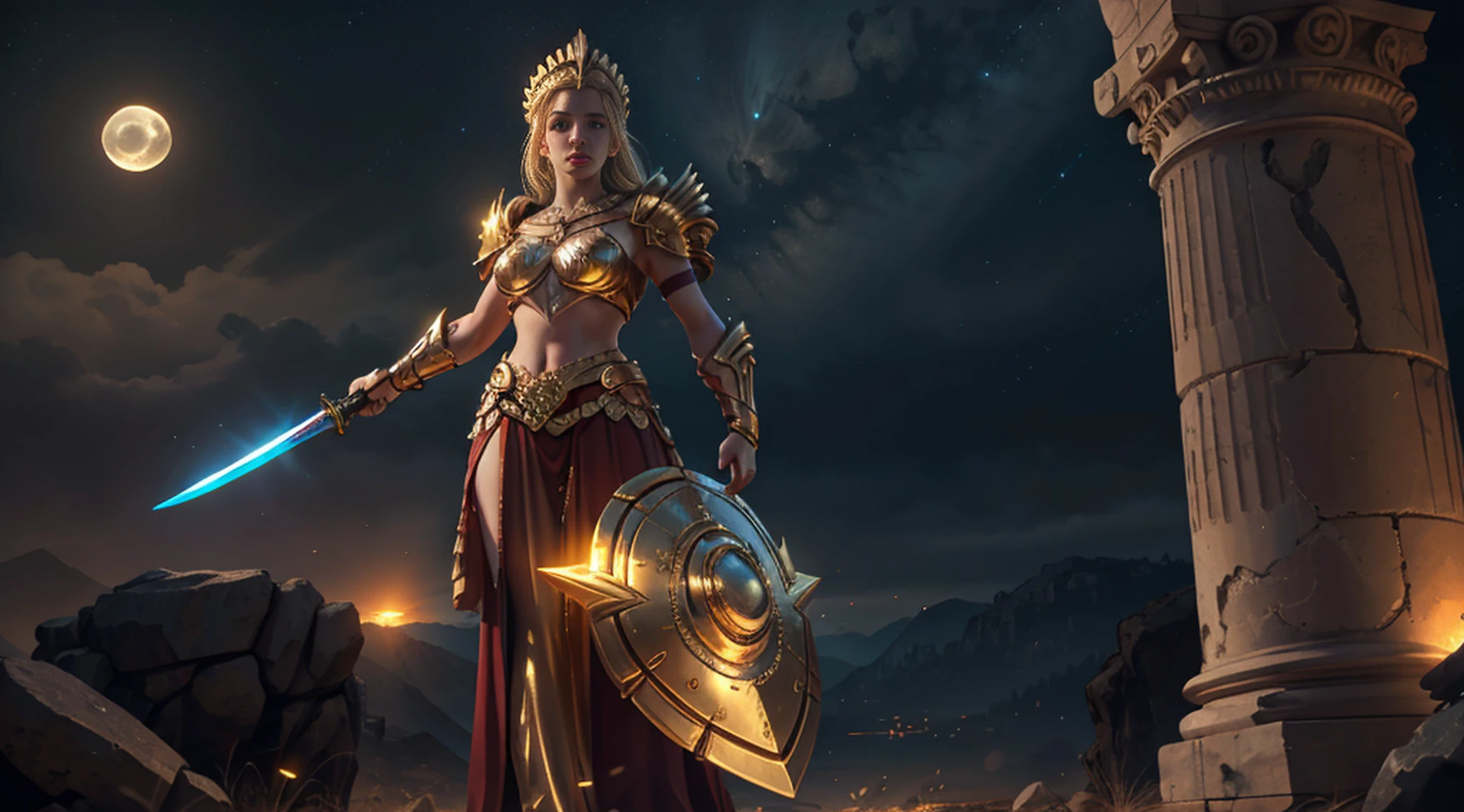 masterpiece, best quality, (extremely detailed unity 8k CG wallpaper), (best quality), (best illustration), (best shadow), absurdities, realistic lighting, night, darkness, giant, Goddess, Ancient Goddess, Athena, deity, blonde, golden armor, golden sword and shield, glorious pose, night, moon, gold details, holding a planet, beautiful detailed glow, background luminous background, background ancient Greece