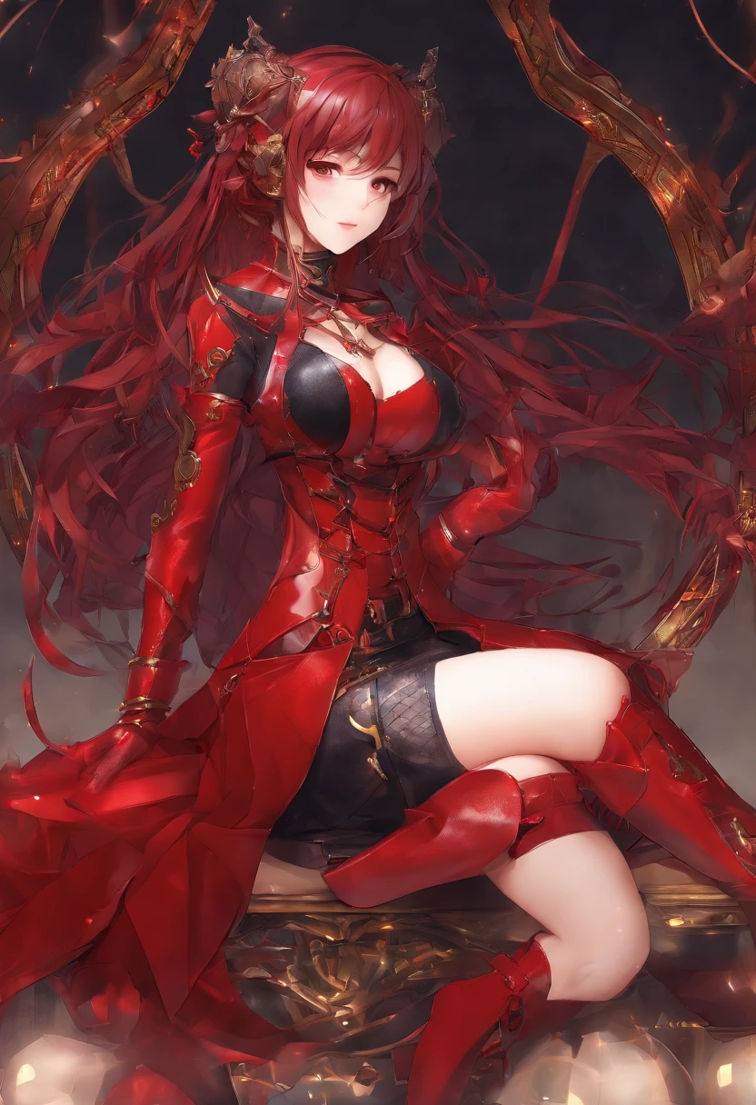 (16k,Raw photography,top-quality,hight resolution,Ray tracing,PBR Texture,Post-processing,)、(((biomechanical oppai,Dark Red Leather Bondage , Models of gravure,Friend Inamura,Long Black Hair)))、(finerly detailed face:1.4)、(masterpiece:1.4)、(top-quality:1.4)、 Beautiful fine skin、(cute little:1.5),(Complex fishnet stockings)、pin heels、Leather luster 3.0、Beautiful skin、(Red Long Skirt Bondage)、Real Photo Stick、BDSM figures in dark red、Dark Red Bodycon、s Office