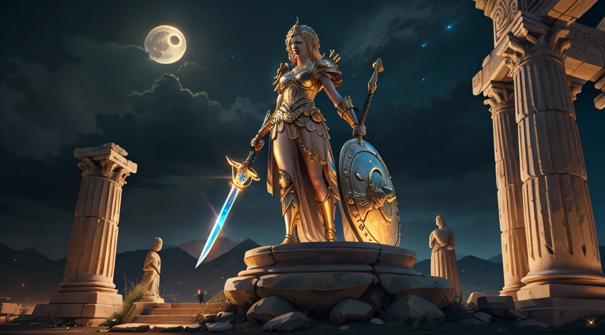 masterpiece, best quality, (extremely detailed unity 8k CG wallpaper), (best quality), (best illustration), (best shadow), absurdities, realistic lighting, night, darkness, giant, Goddess, Ancient Goddess, Athena, deity, blonde, golden armor, golden sword and shield, glorious pose, night, moon, gold details, holding a planet, beautiful detailed glow, background luminous background, background ancient Greece