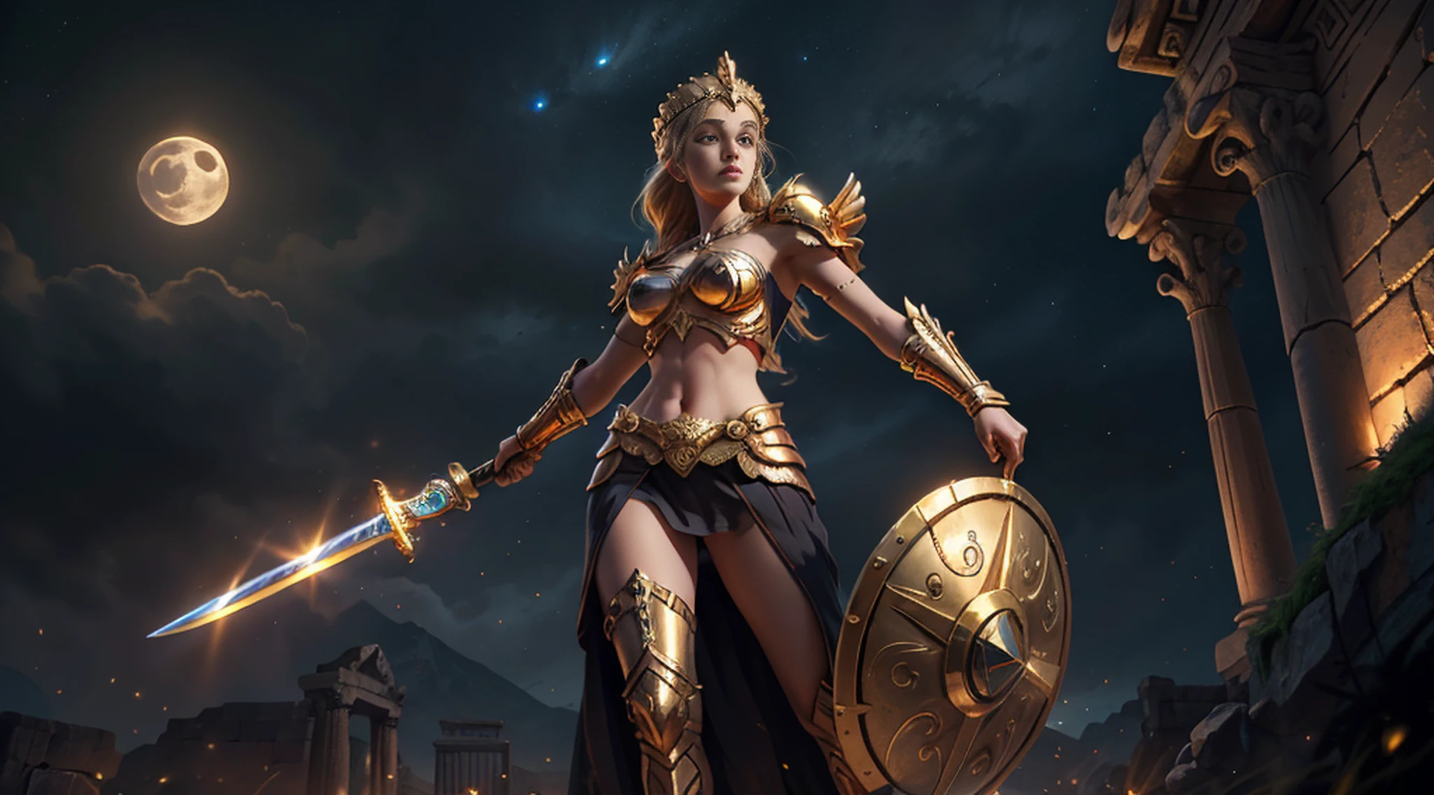 masterpiece, best quality, (extremely detailed unity 8k CG wallpaper), (best quality), (best illustration), (best shadow), absurdities, realistic lighting, night, darkness, giant, Goddess, Ancient Goddess, Athena, deity, blonde, golden armor, golden sword and shield, glorious pose, night, moon, gold details, holding a planet, beautiful detailed glow, background luminous background, background ancient Greece