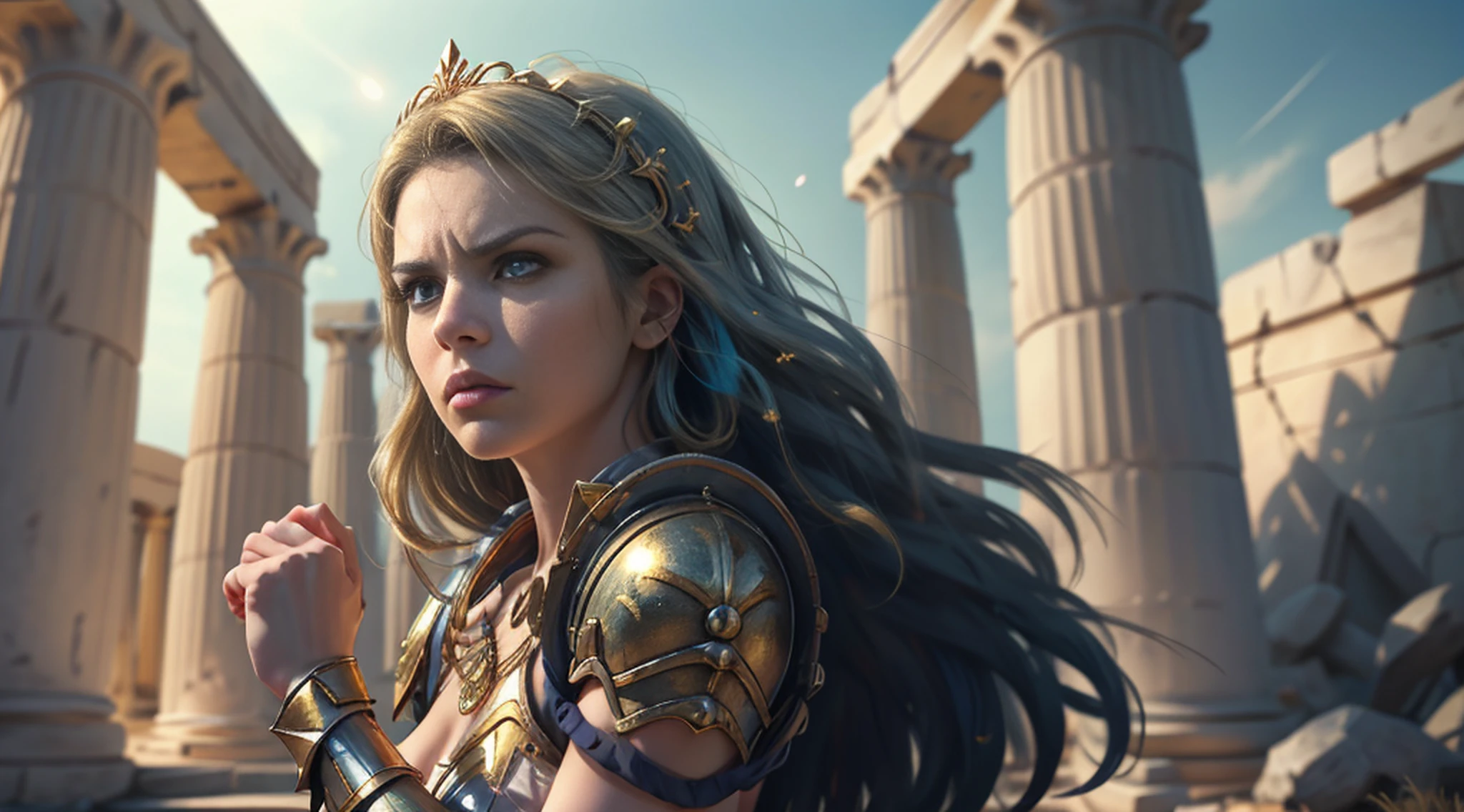 AquariusArmor, shoulder_armor, no helmet, (masterpiece:1.0), (best quality:1.0), (ultra highres:1.0) ,(8k resolution:1.0), (realistic:1.0), (ultra detailed1:0),(RAW photo:1.0), HDR, photography, Kodak Portra 400, film grain, blurry background, vibrant color, bokeh, lens flare, ((perfect hands)), ((perfect arms)), (perfect face), {{perfect anatomy}},(hand of Guido Daniele), wide shot, small hands, slim fingers,
greek temple, very detailed background, 1girl wear golden AquariusArmor, golden armor, solo, medium blue hair, black eyes, angry, looking at viewer, focused face, detailed face, vibrant colors, symmetric eyes, visible lips, standing, (upper body:1.2),