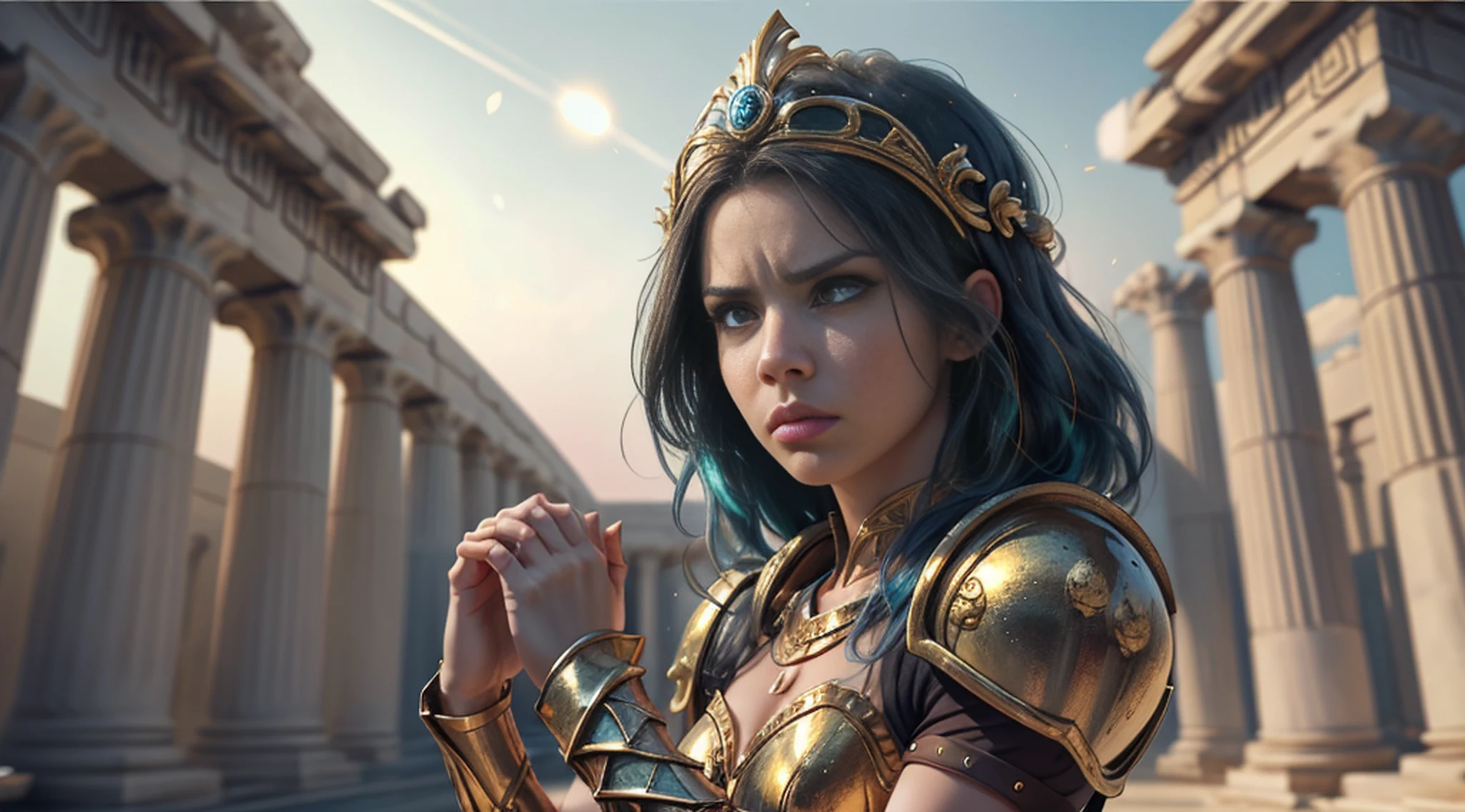 AquariusArmor, shoulder_armor, no helmet, (masterpiece:1.0), (best quality:1.0), (ultra highres:1.0) ,(8k resolution:1.0), (realistic:1.0), (ultra detailed1:0),(RAW photo:1.0), HDR, photography, Kodak Portra 400, film grain, blurry background, vibrant color, bokeh, lens flare, ((perfect hands)), ((perfect arms)), (perfect face), {{perfect anatomy}},(hand of Guido Daniele), wide shot, small hands, slim fingers,
greek temple, very detailed background, 1girl wear golden AquariusArmor, golden armor, solo, medium blue hair, black eyes, angry, looking at viewer, focused face, detailed face, vibrant colors, symmetric eyes, visible lips, standing, (upper body:1.2),