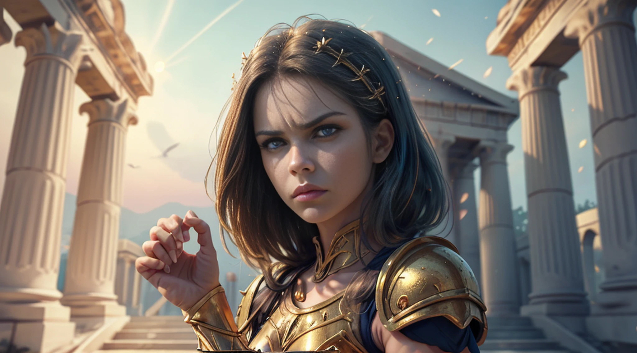 AquariusArmor, shoulder_armor,  no helmet,  (masterpiece:1.0), (best quality:1.0), (ultra highres:1.0) ,(8k resolution:1.0), (realistic:1.0), (ultra detailed1:0),(RAW photo:1.0), HDR, photography, Kodak Portra 400, film grain, blurry background, vibrant color, bokeh, lens flare, ((perfect hands)), ((perfect arms)), (perfect face), {{perfect ???????}},(hand of Guido Daniele), wide shot, small hands, slim fingers,
greek temple, very detailed background,  1girl wear golden AquariusArmor,  golden armor, solo, medium blue hair, black eyes, angry, looking at viewer, focused face, detailed face, vibrant colors, symmetric eyes, visible lips, standing, (upper body:1.2),