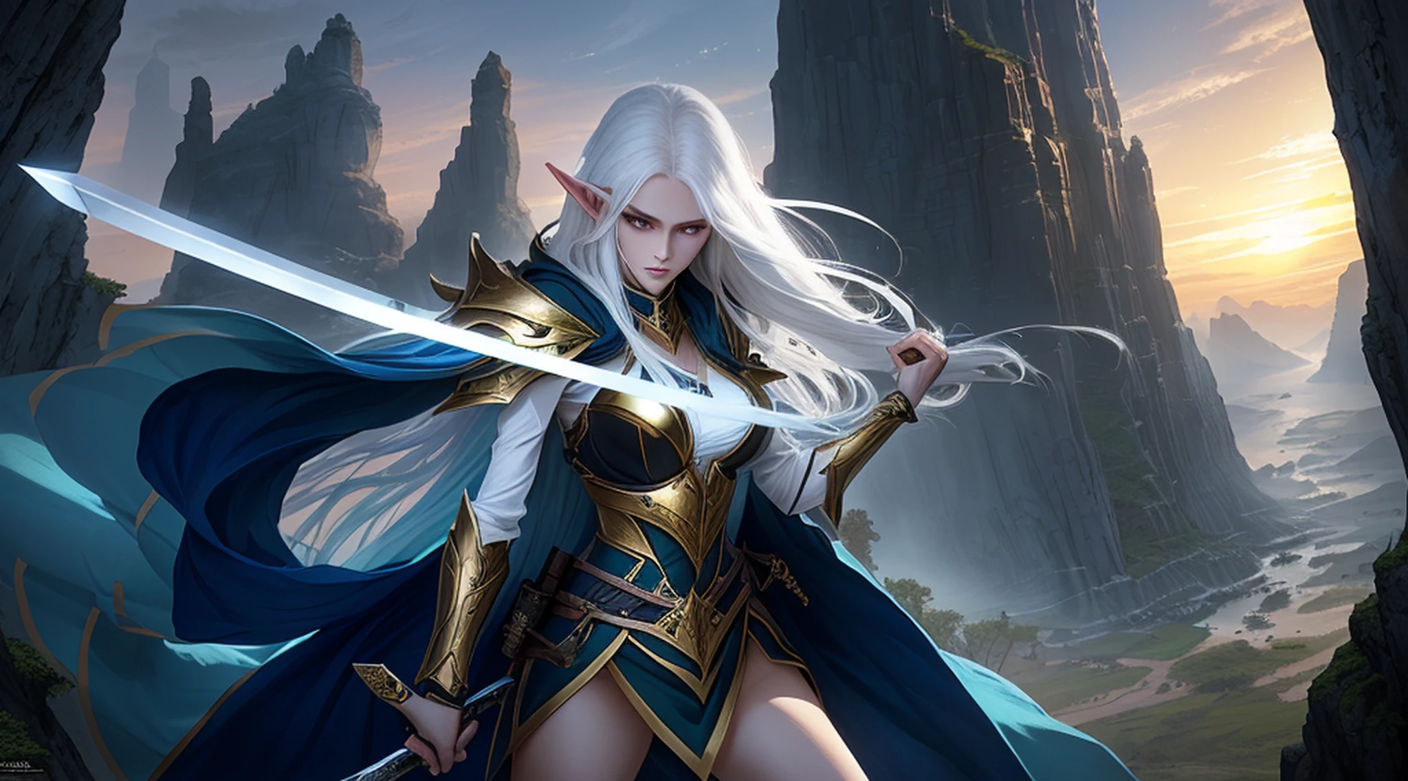 1 tall elf woman, with beautiful white hair, best quality, (beauty), narrow waist, thin, big eyes, long legs, (small breasts), swollen eyes, facing the cliff, late afternoon, (sunset), facing the viewer, fighting posture, (holding a sword and shield), a cold expression, gold and black armor all over her body.