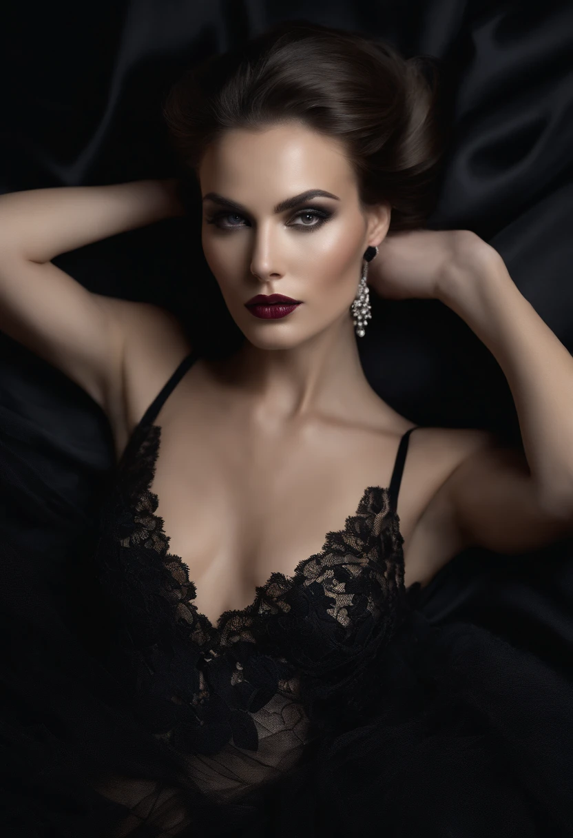arafed woman laying on black fabric in a black dress, dressed in black lace, black lace, fine art fashion photography, haute couture fashion shoot, portrait shot, fashion photography portrait, tulle and lace, fashion photography, high fashion photography, fashion model photography, fashion portrait photo, high - end fashion photoshoot, editorial fashion photography, fashion photograhy, seductive lady