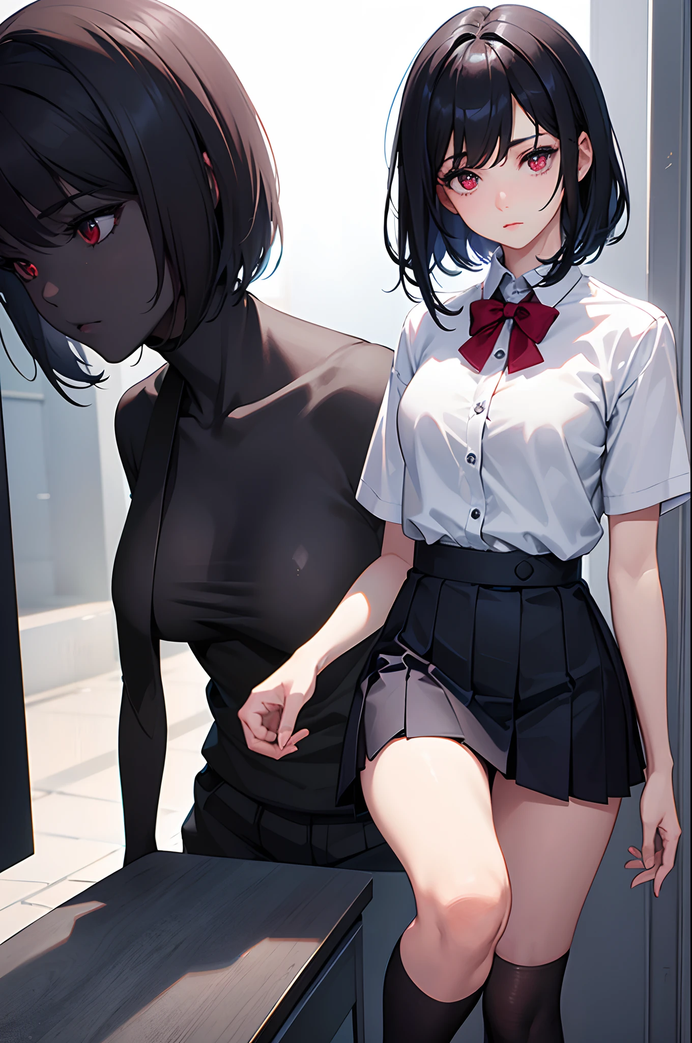 1girl, beautiful girl, Body Length 150 cm, 20 years old, (short hair), (black hair, street Hairstyle) , (Red eyes), realistic eyes, beautiful and sharp eyes), School uniform clothes, small breasts, (8k wallpaper), (class room wallpaper) 8k, high quilty, realistic, beautiful realistic, Cool details, raw photo, realistic clothing, black hair, realistic hair, realistic eyes, Light and cool lighting, photo realistic, Cel shaded, Gel lighting, ultra details