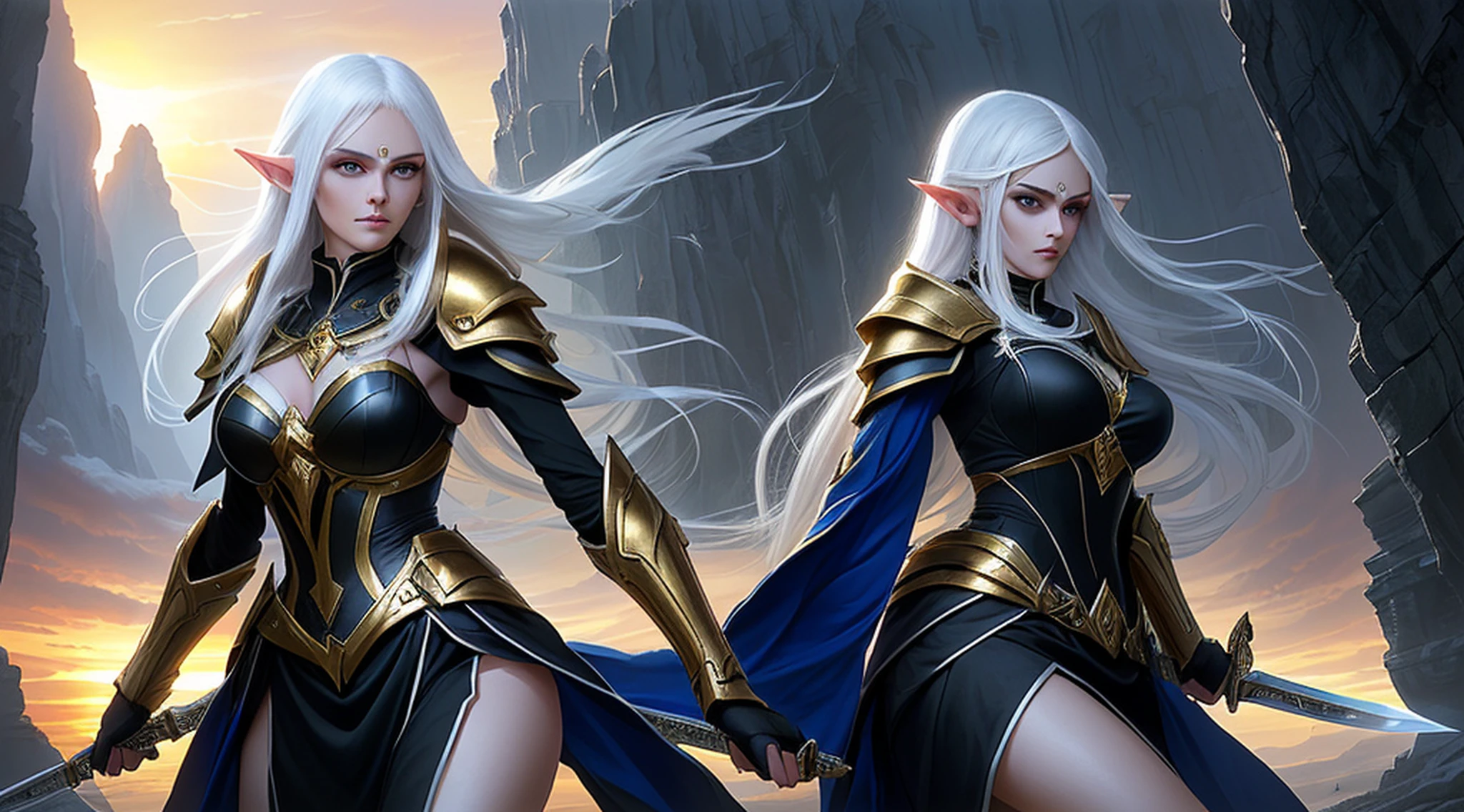 1 tall elf woman, with beautiful white hair, best quality, (beauty), narrow waist, thin, big eyes, long legs, (small breasts), swollen eyes, facing the cliff, late afternoon, (sunset), facing the viewer, fighting posture, (holding a sword and shield), a cold expression, gold and black armor all over her body.