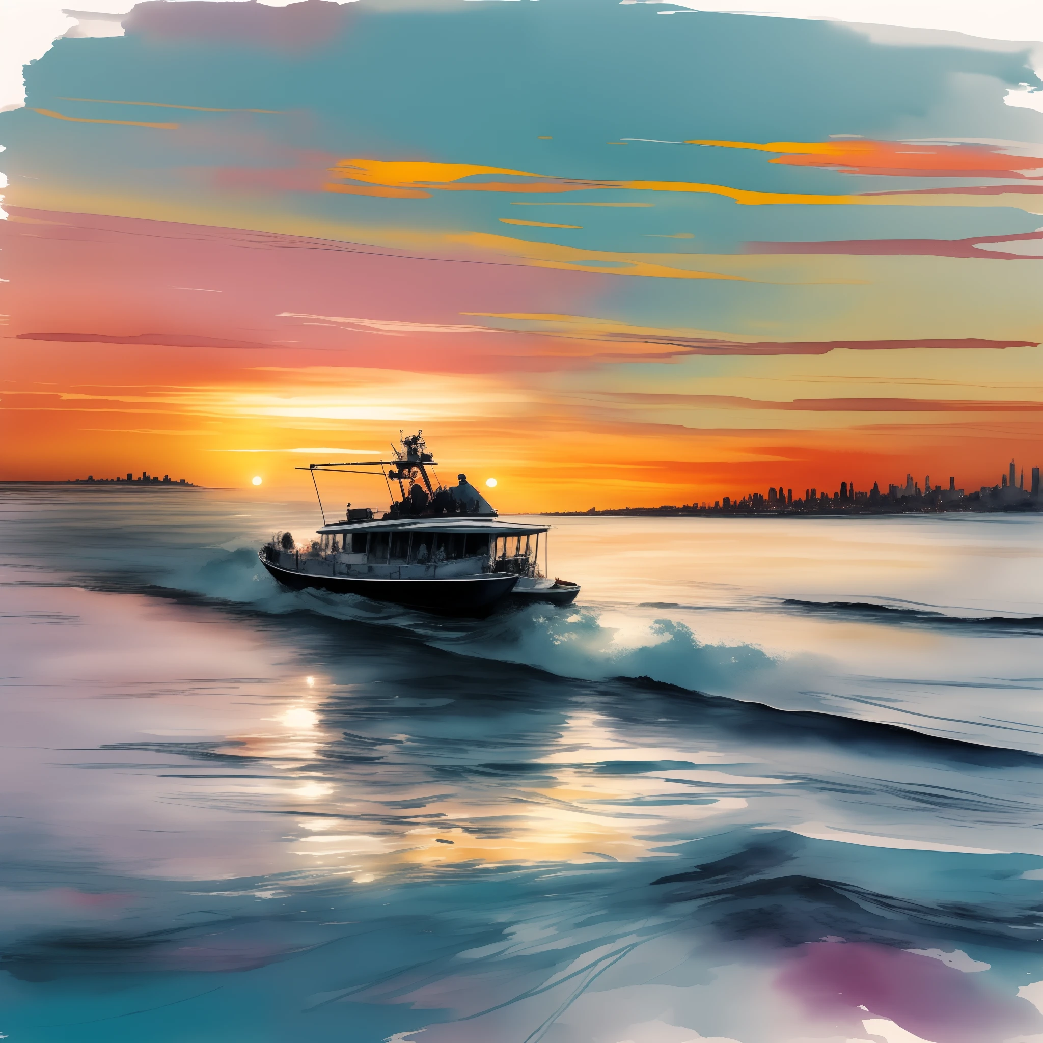 painting of a boat in the water at sunset with a city in the background, painterly illustration, painting of beautiful, watercolor digital painting, sunset illustration, expressive beautiful painting, on the sea, watercolor colored painting, high quality digital painting, painted in high resolution, artistic painting, painted in bright water colors, stunning painting, beautiful painting, detailed painting 4 k
