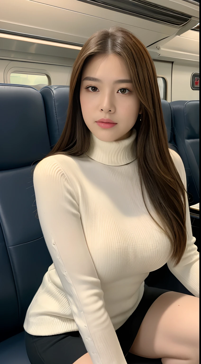 ((Realistic lighting、top-quality、8K、masterpiece:1.3))、Clear focus:1.2、1girl in、Beautiful woman with perfect body shape:1.4、Highly detailed facial and skin texture、hyperdetailed face、Detailed lips、A detailed eye、二重まぶた、Brown hair、eye line、eyeshadows、makeup、Tight clothes、(turtleneck shirt、a miniskirt:1.1)、(huge-breasted:1.2)、cleavage of the breast、Sitting on a chair、On the train、