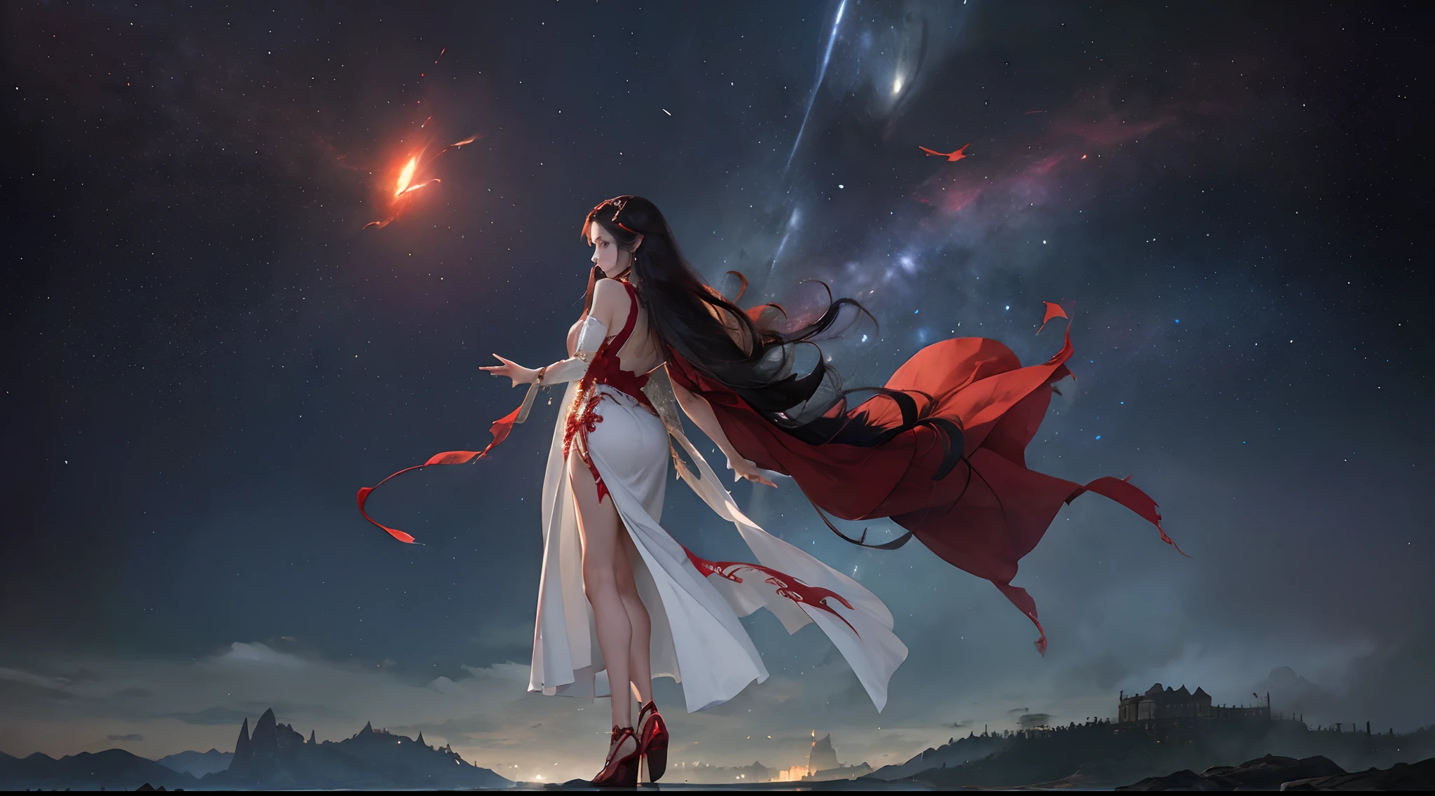 ((Best Quality,4K,High resolution), 18yo woman, Red highlights on black hair, Long straight hair with red highlights on black hair,(Best Quality,4K,High resolution),sharp eye,Red glowing eyes,Facial expression enhancement,Delicate illustrations drawn in detail,Intricately decorated red sleeveless long、robe,long hair flowing with the wind,robes flutter in the wind,Realistic portrayal,Vibrant colors,expresive,Classic background(Best Quality,4K,High resolution), Comical appearance,(Best Quality,4K,High resolution),comic strip,animesque,Deformed cute illustration,Full body projection,Floating in the air,Show your back,Camera angle from behind,Back Style