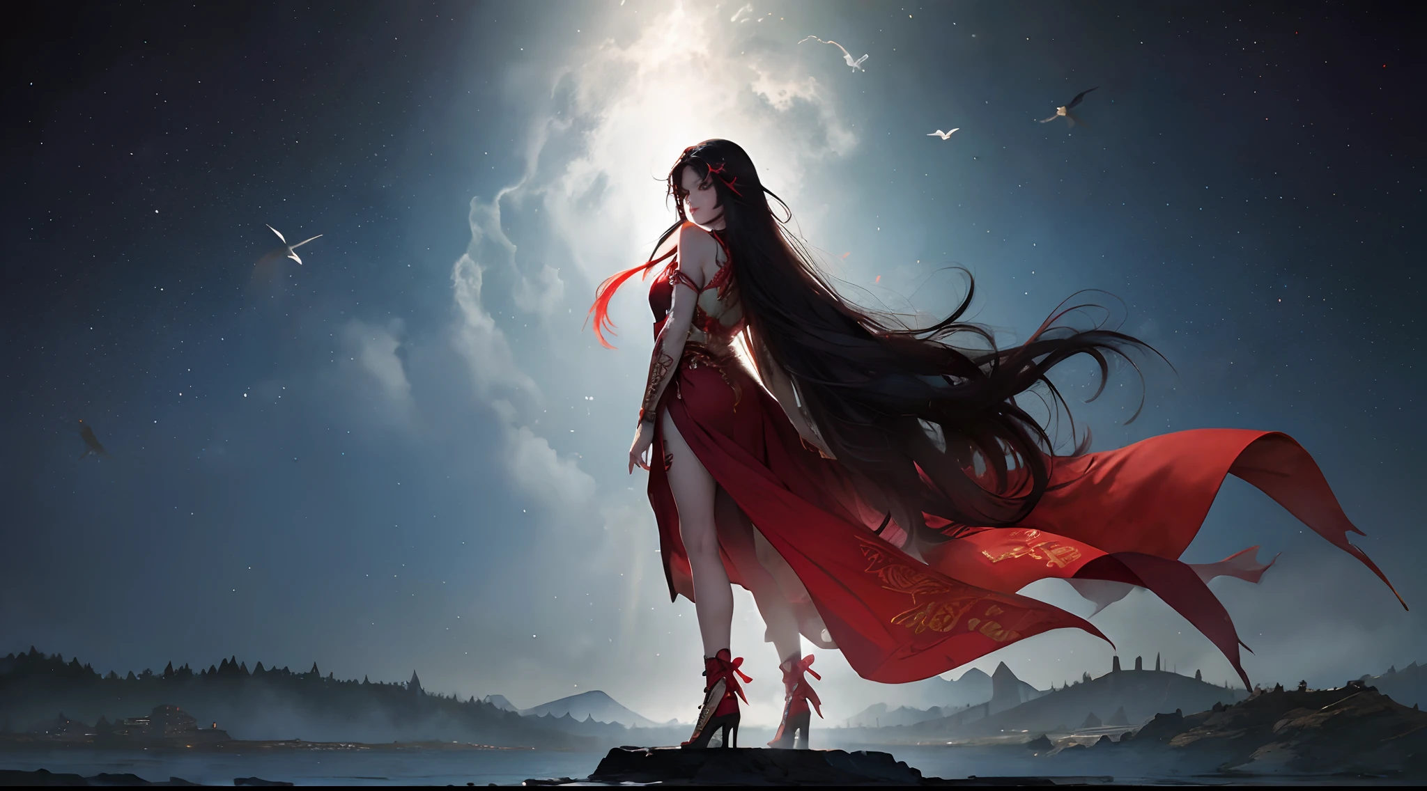 ((Best Quality,4K,High resolution), 18yo woman, Red highlights on black hair, Long straight hair with red highlights on black hair,(Best Quality,4K,High resolution),sharp eye,Red glowing eyes,Facial expression enhancement,Delicate illustrations drawn in detail,Intricately decorated red sleeveless long、robe,long hair flowing with the wind,robes flutter in the wind,Realistic portrayal,Vibrant colors,expresive,Classic background(Best Quality,4K,High resolution), Comical appearance,(Best Quality,4K,High resolution),comic strip,animesque,Deformed cute illustration,Full body projection,Floating in the air,Show your back,Camera angle from behind,Back Style