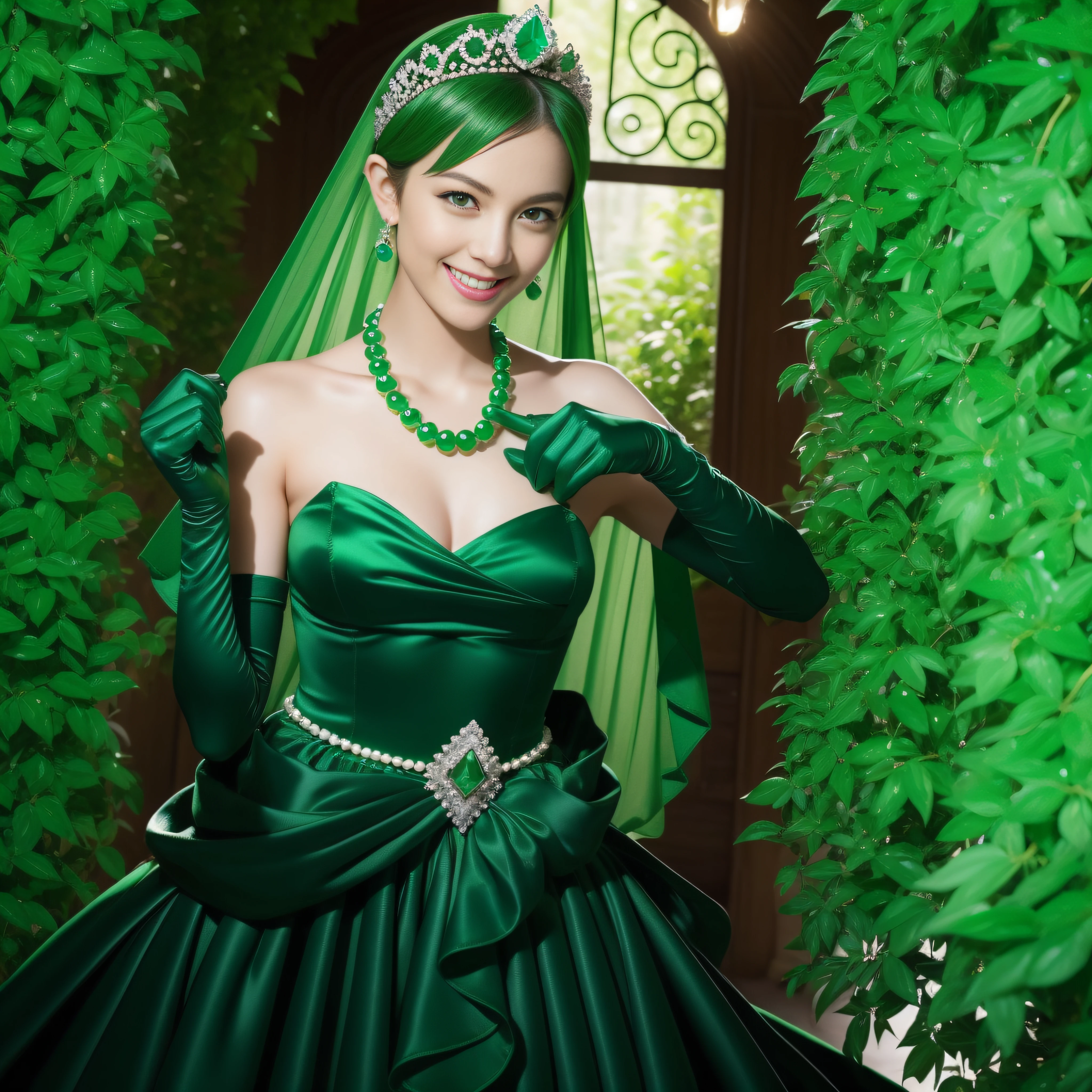 emerald tiara, Green Pearl Necklace, Boyish very short green hair, lipsticks, Japan woman smiling, very short short hair, fist, big breasts beautiful, Green eyes, Long green gloves made of satin material, Green eyes, Emerald Earrings