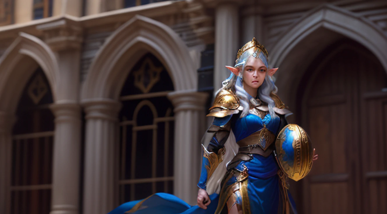 A tall and beautiful elf woman, with blue pupils, contempt in her eyes, a cold expression, a haughty posture, chest up, golden light armor all over her body, looking up camera, strolling through medieval streets.