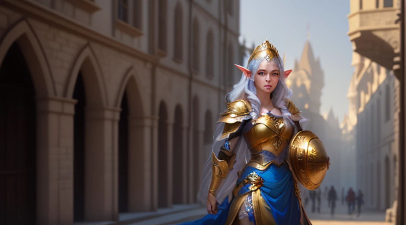 A tall and beautiful elf woman, with blue pupils, contempt in her eyes, a cold expression, a haughty posture, chest up, golden light armor all over her body, looking up camera, strolling through medieval streets.