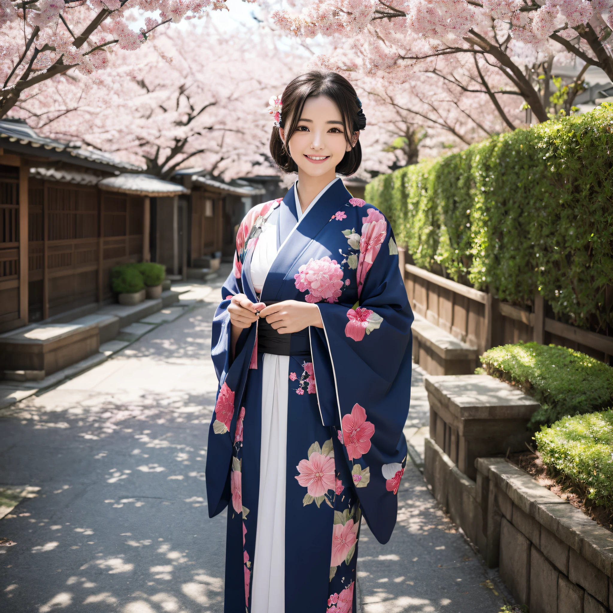 (Super beautiful woman in kimono)、((best qualtiy、8k masterpieces:1.3))、foco nítido:1.2、(ultra beautiful faces:1.0)、(shinny skin:1.0)、photos realistic、A dark-haired、Video Lighting、High-definition eyes and face、Video Lighting、Japanese actressl、from the front side、medium breasts、With a happy smile、Slender Abs Beauty、Whole body、wearing kimonos、Under the cherry