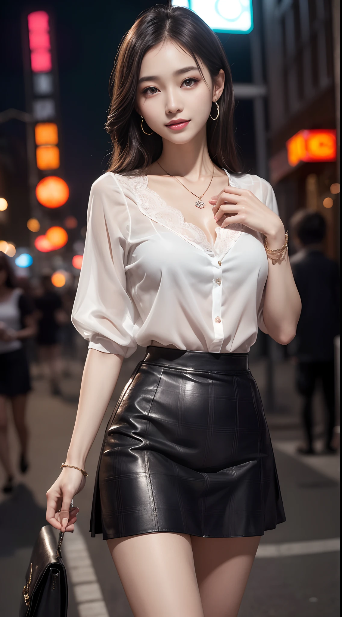 8k, masterpiece, RAW photo, best quality, photorealistic, extremely detailed CG unity 8k wallpaper, Depth of field, Cinematic Light, Lens Flare, Ray tracing, (extremely beautiful face, beautiful lips, beautiful eyes), intricate detail face, ((ultra detailed skin)) 1girl, in the dark, deep shadow, pretty korean girl, kpop idol,(very slim slender fit-muscled body:1.3), ((looking at viewer)),(big smile:1.3), (night, (neon sign), (blurry background), midnight, (without people in the background:1.3), pretty korean girl, white diamond earrings, bracelets, necklace, clear eyes, walking , front shot, (pale skin), face forward, (big eyes), full body shot, ((see through blouse)), (hot pink color blouse)), ((laced skirt)), (looking at viewer:1.3), very slim, medium breasts, Hermes bag, plaid mini skirt