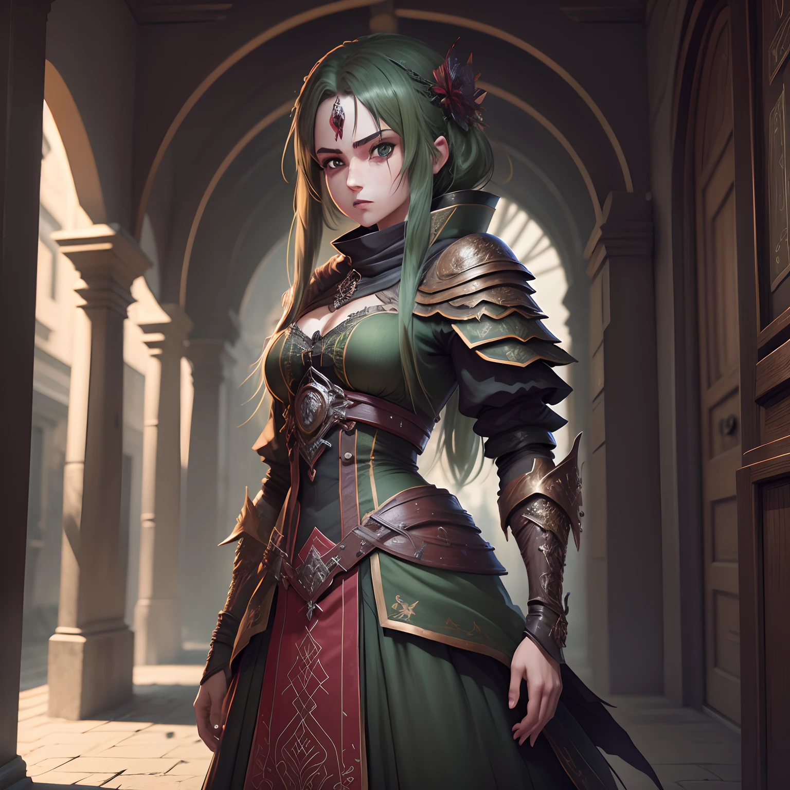 guerreira, cabelo loiro, olho verde, roupas preta com detalhes vermelho, estilo anime em pose frente lado e costas, 3D, Highly detailed, Full HD