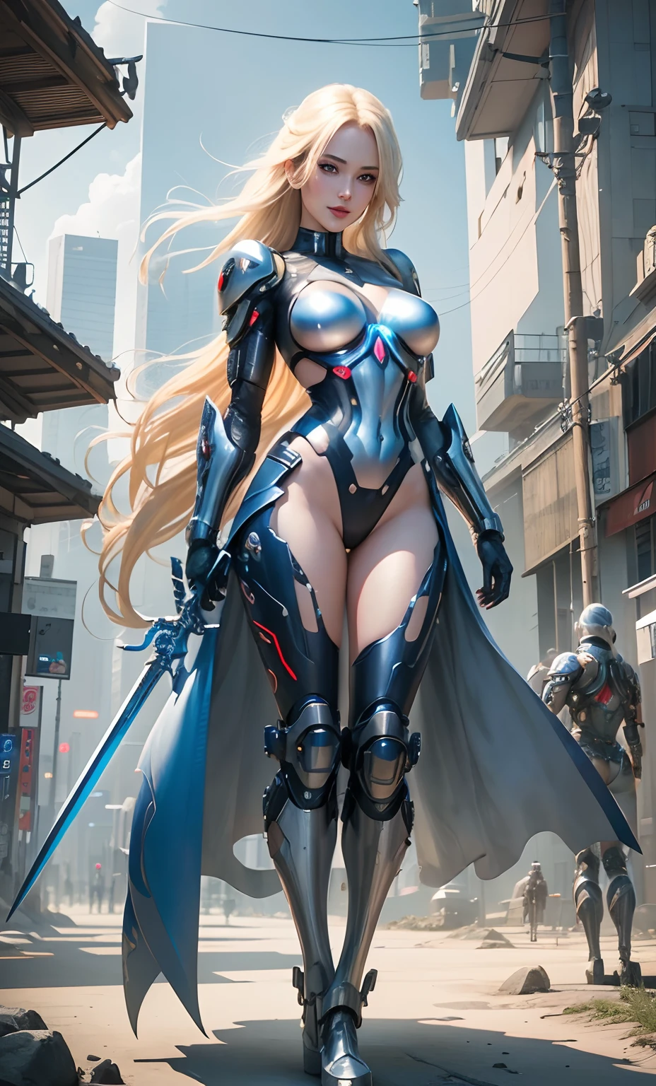 Beautiful girl with blonde hair, blue eyes, red lips(smile), big breast, Half naked body, wearing futuristic suit, holding sword, cybernetic girl, cyberpunk,futuristic japan background, Shining suit, amazing, futuristic japan, Masterpiece, best quality, extremely detailed, 8k, realistic