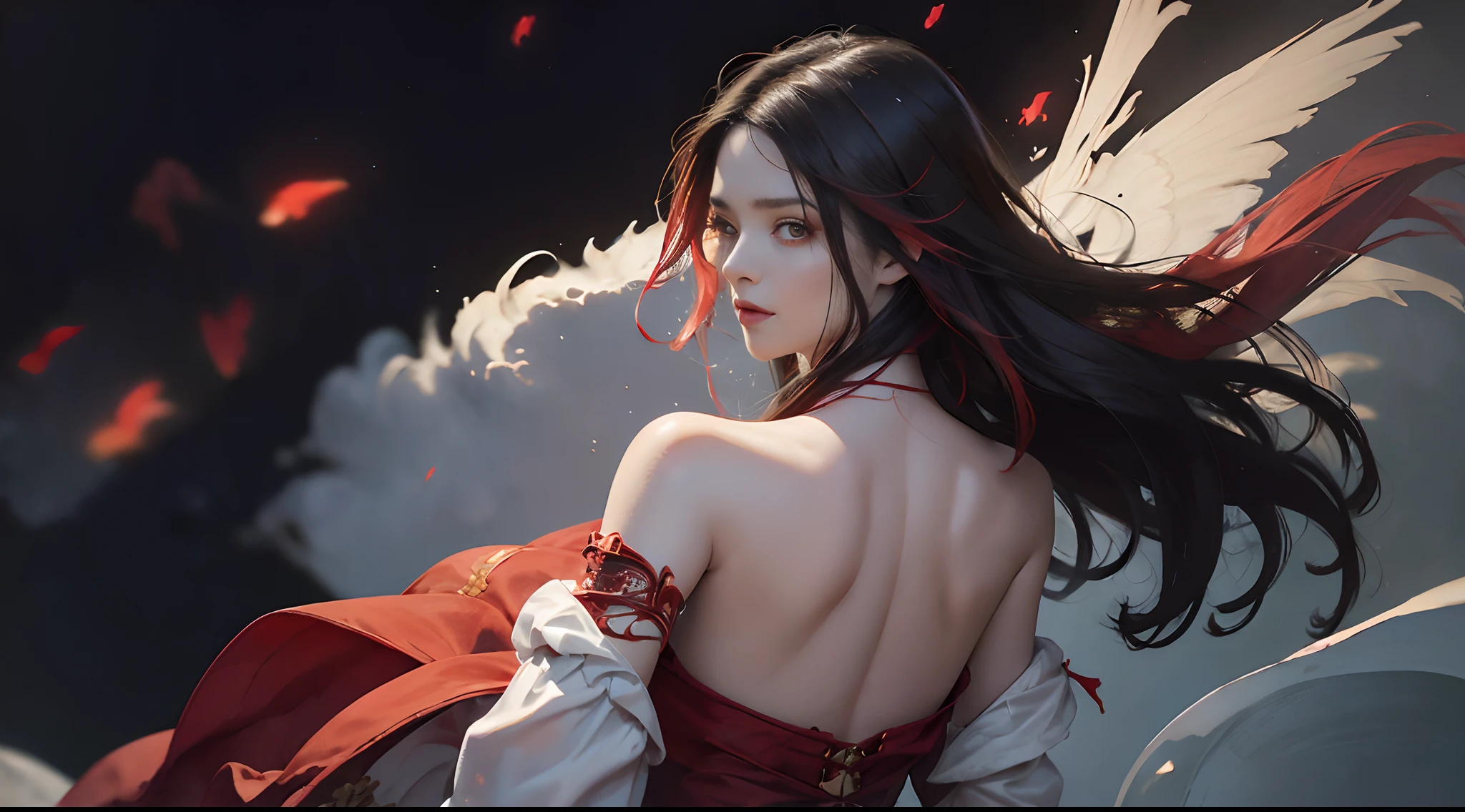 ((Best Quality,4K,High resolution), 18yo woman, Red highlights on black hair, Long straight hair with red highlights on black hair，(Best Quality,4K,High resolution),sharp eye，Red glowing eyes，Facial expression enhancement，Delicate illustrations drawn in detail，Intricately decorated red sleeveless long、robe，long hair flowing with the wind，robes flutter in the wind，Realistic portrayal，Vibrant colors，expresive，Classic background(Best Quality,4K,High resolution), Comical appearance，(Best Quality,4K,High resolution)，comic strip，animesque，Deformed cute illustration，Floating in the air，Show your back，Camera angle from behind，Back Style